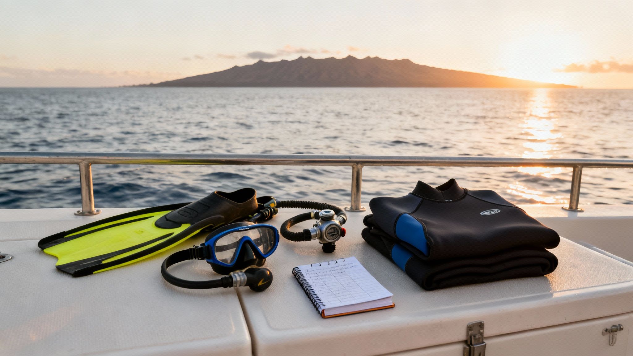 Scuba diving equipment laid out on boat deck at sunset in Hawaii