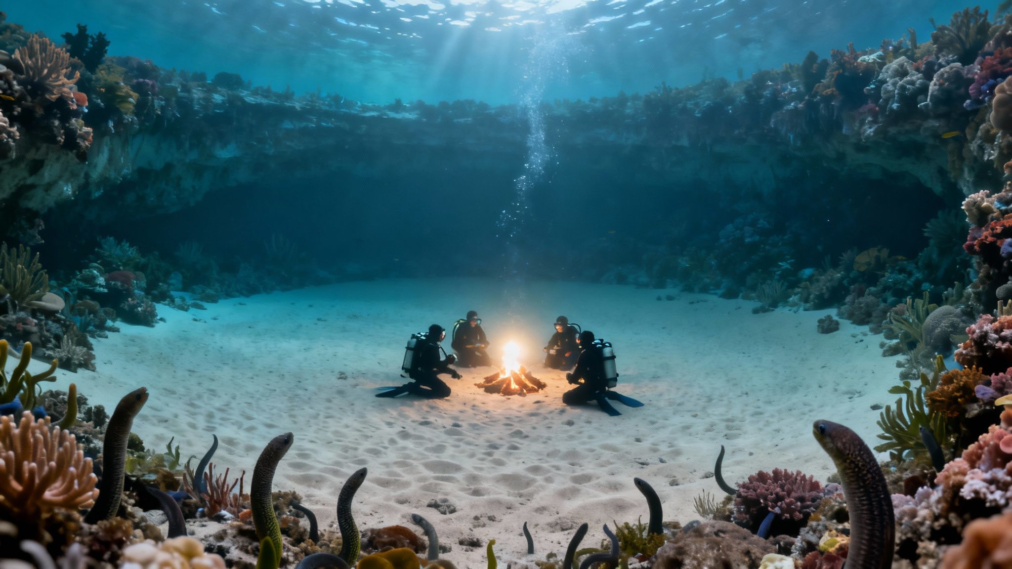 Scuba divers gather around a unique underwater campfire on a sandy seabed, with coral and eels.