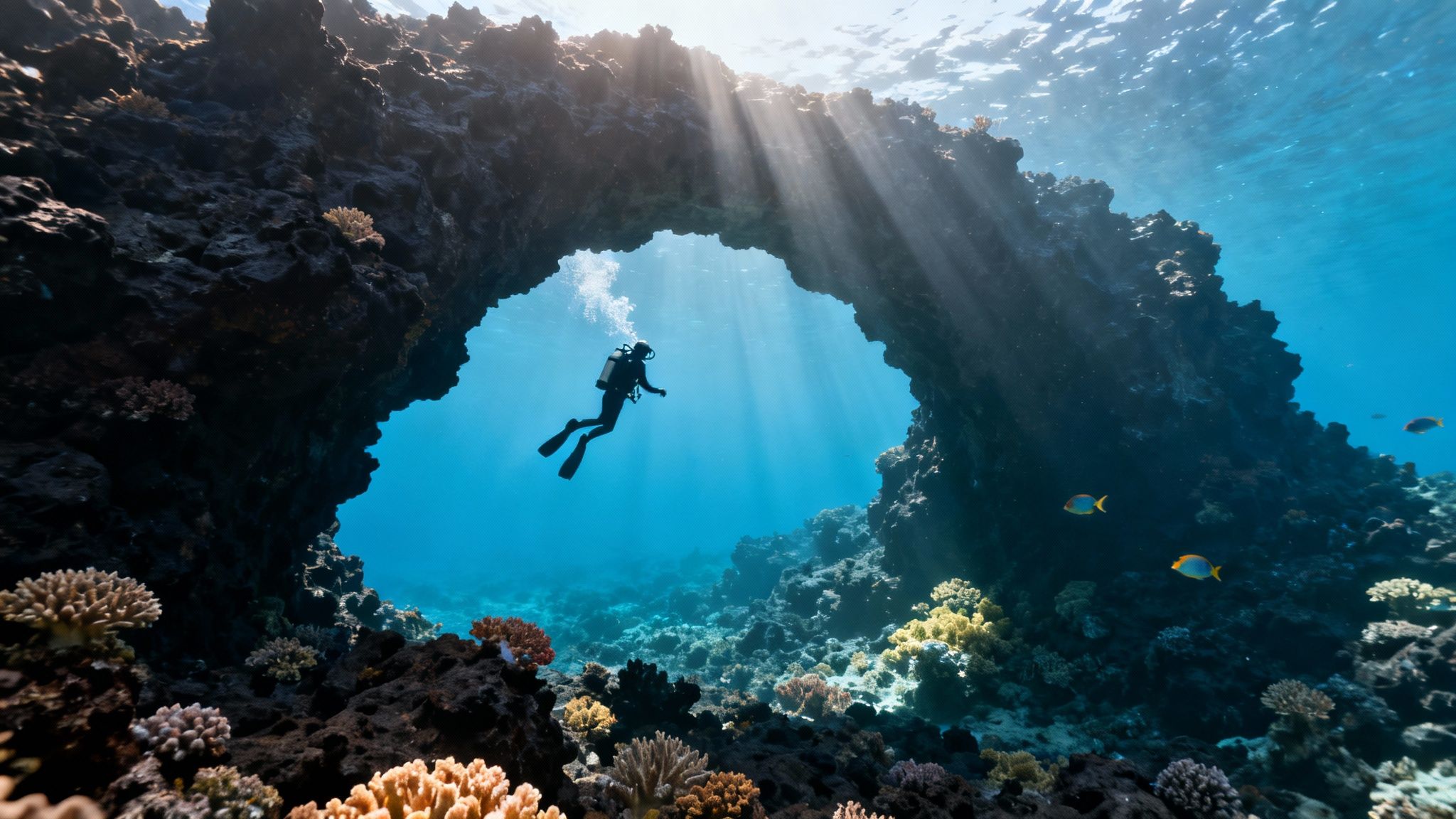 A scuba diver explores a vibrant coral reef, swimming through a natural archway with sun rays.