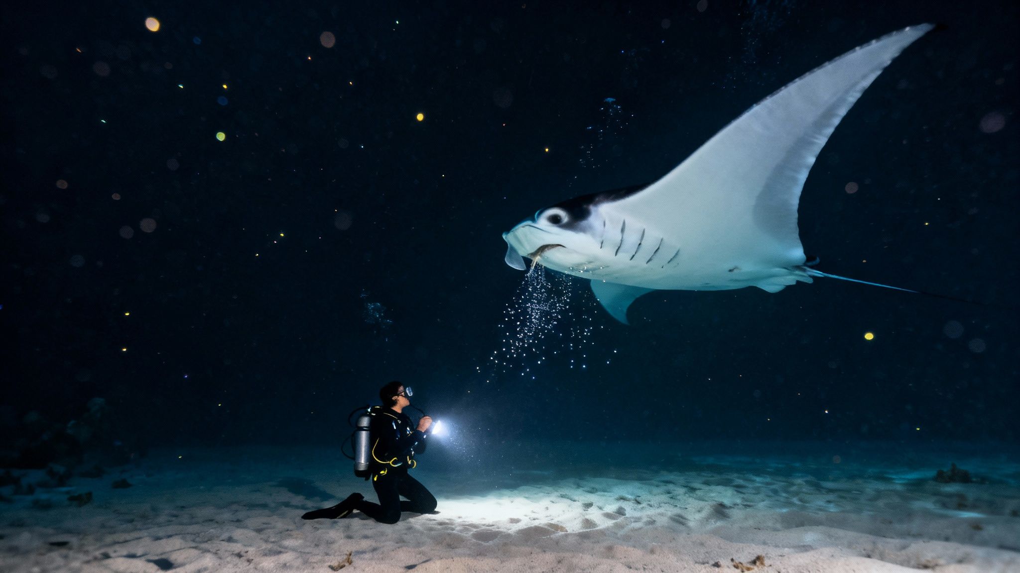 A diver kneels on a sandy ocean floor, illuminating a majestic manta ray feeding plankton at night.