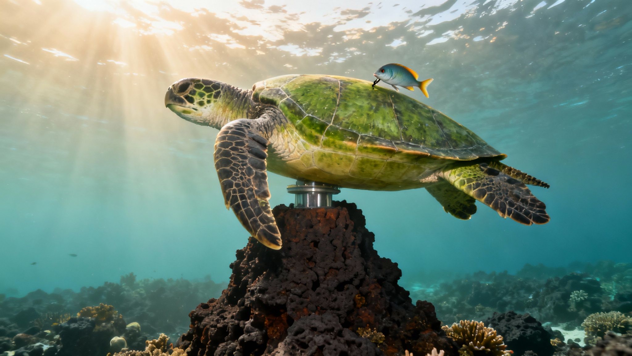 A Hawaiian green sea turtle swims gracefully over a coral reef in the clear blue waters of the Kona coast.