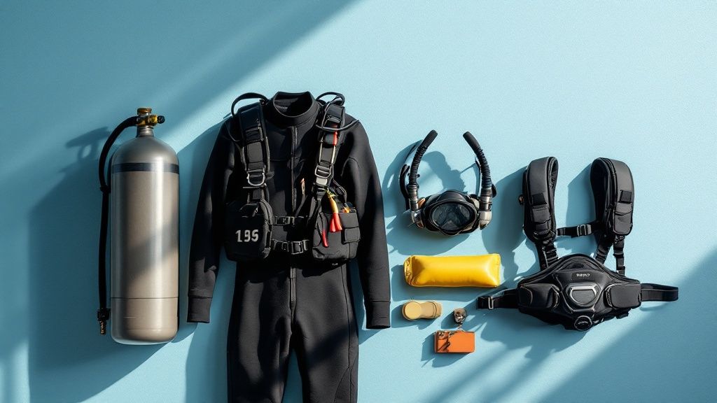 A group of scuba divers preparing their gear on a dive boat in Hawaii