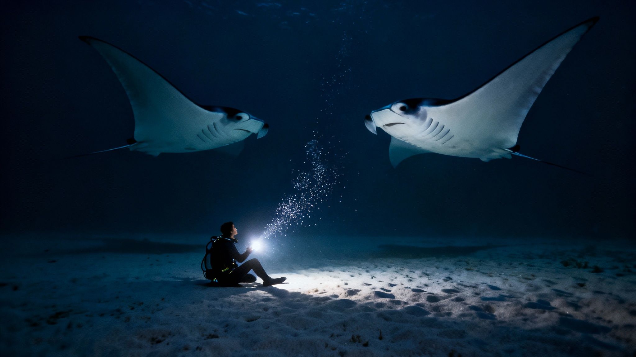 A diver shines a flashlight on two majestic manta rays during a nighttime underwater encounter.