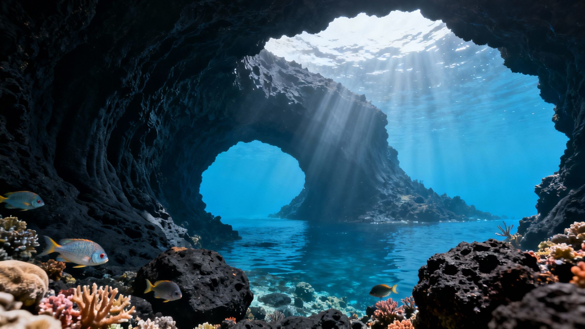 Inside an underwater cave, looking out to a sunlit ocean with a rock arch, vibrant coral, and swimming fish.