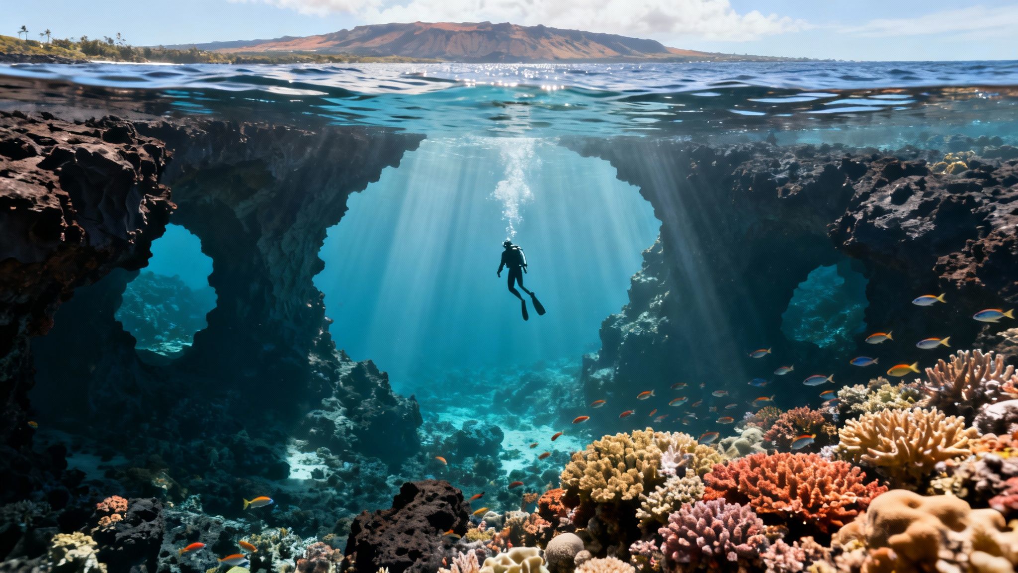 A diver explores a sunlit underwater cave with vibrant coral reefs and fish, a tropical island above.