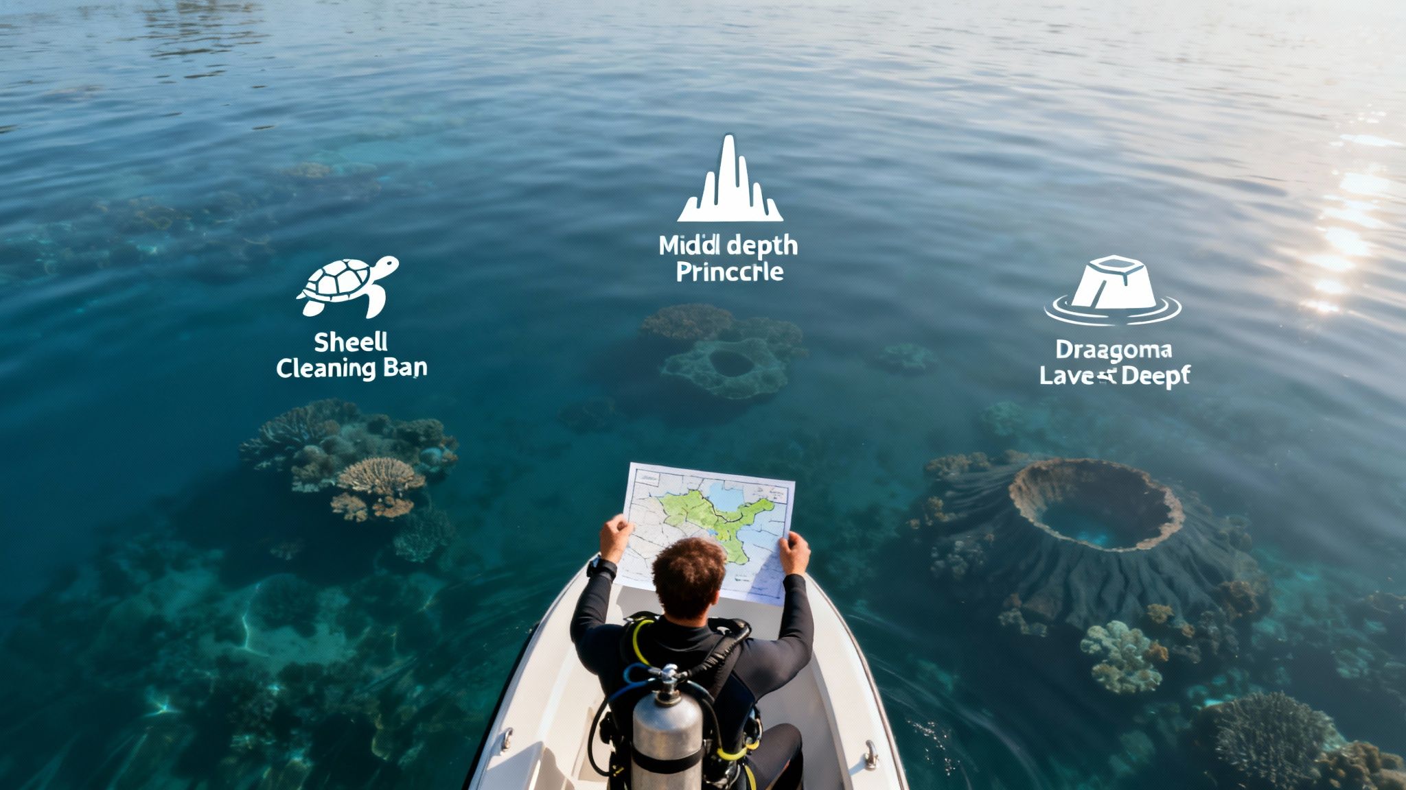 A scuba diver exploring a vibrant coral reef in the clear blue waters of the Big Island, Hawaii.