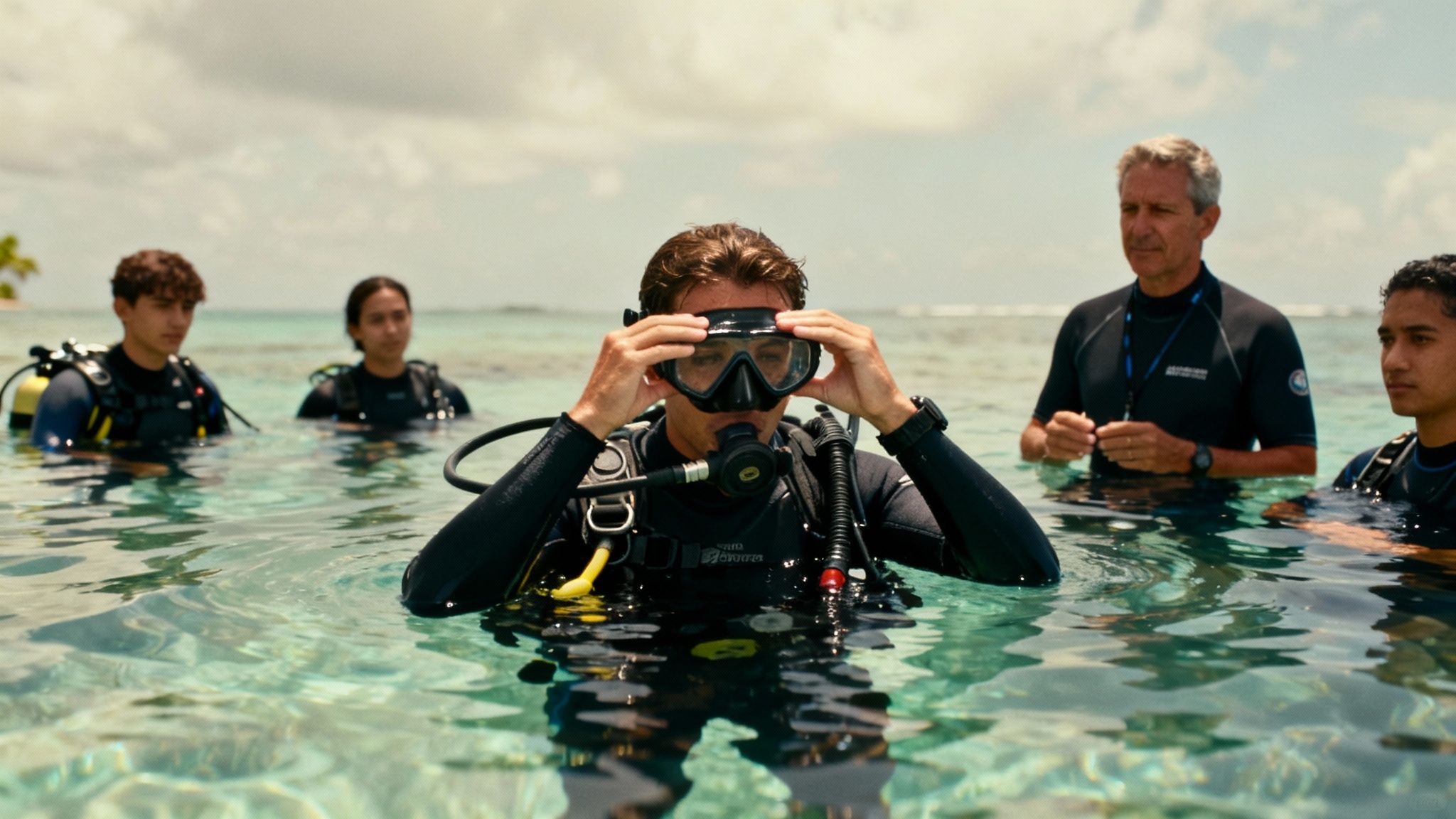 A group of divers in shallow, clear ocean water, with one person adjusting their mask during a lesson.