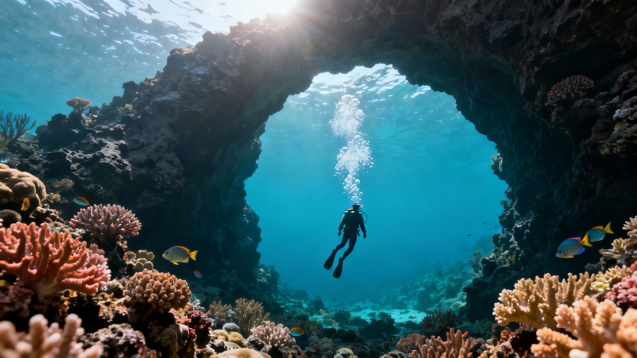 A scuba diver explores a vibrant coral reef on the Big Island.