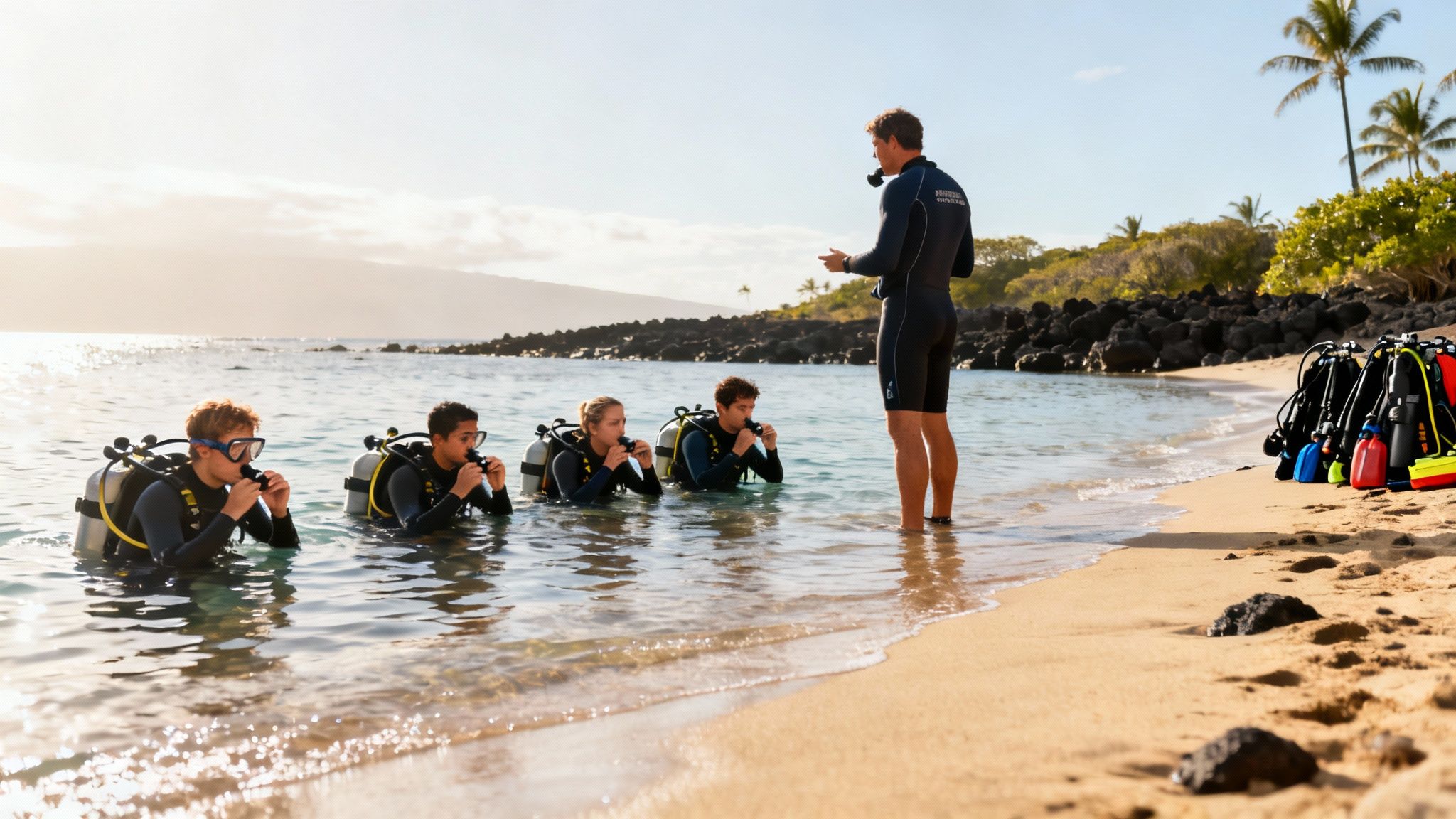 Scuba diving instructor teaching a group of students in the shallow ocean waters of a tropical beach.