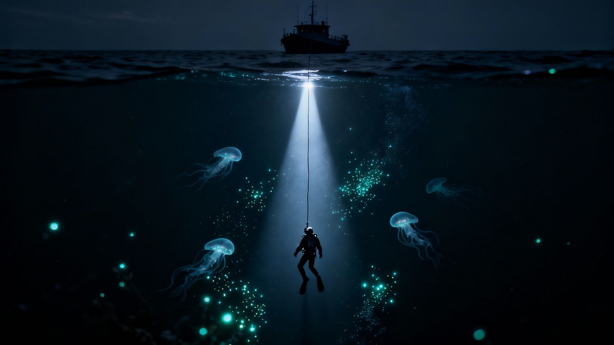 A scuba diver descends into a dark ocean, illuminated by a boat's spotlight, surrounded by glowing jellyfish.