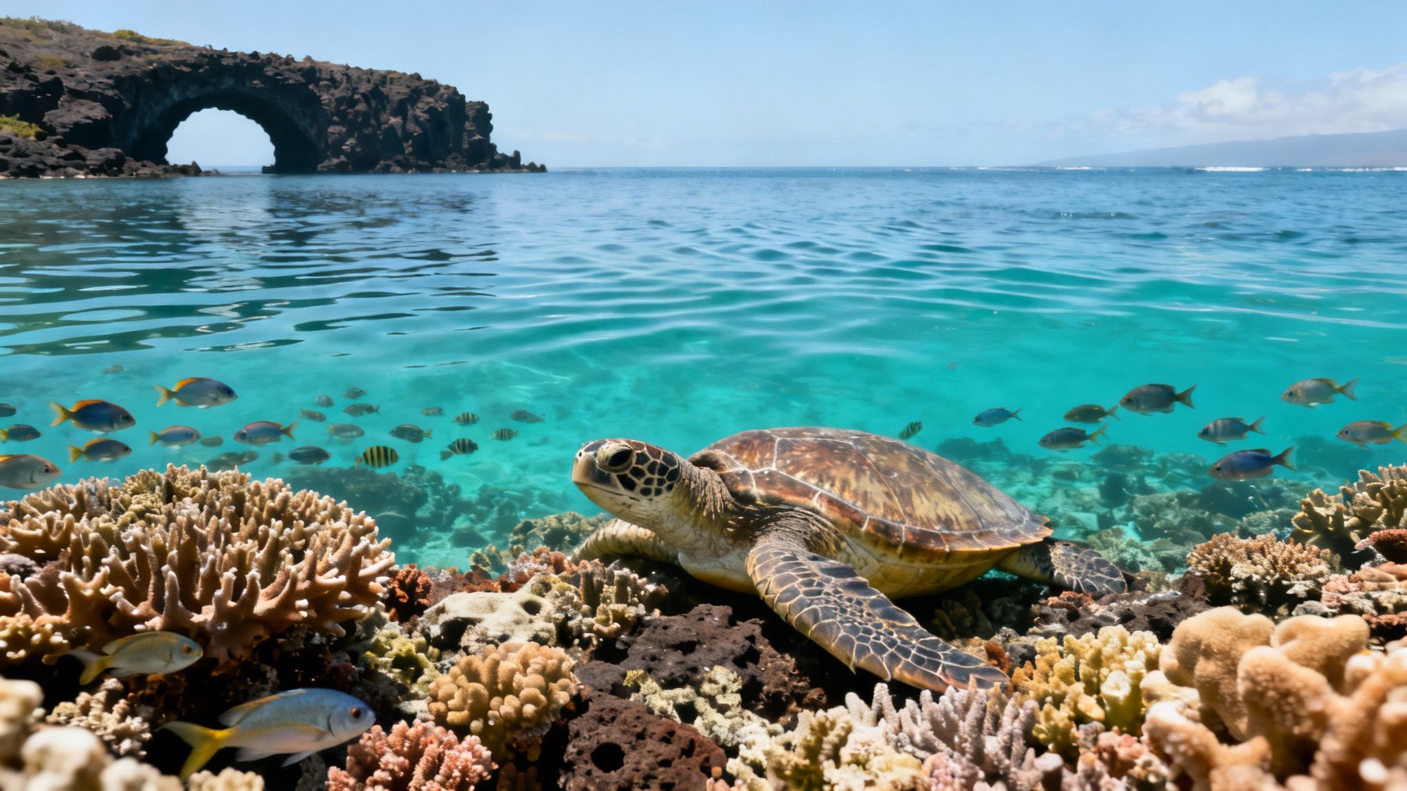 A sea turtle rests on colorful coral reefs with fish swimming in clear blue Hawaiian waters and a natural arch rock.