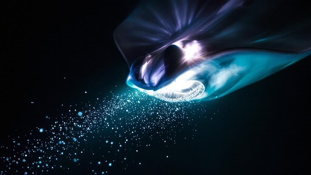 An underwater photographer captures a stunning image of a manta ray gliding overhead during a night dive.