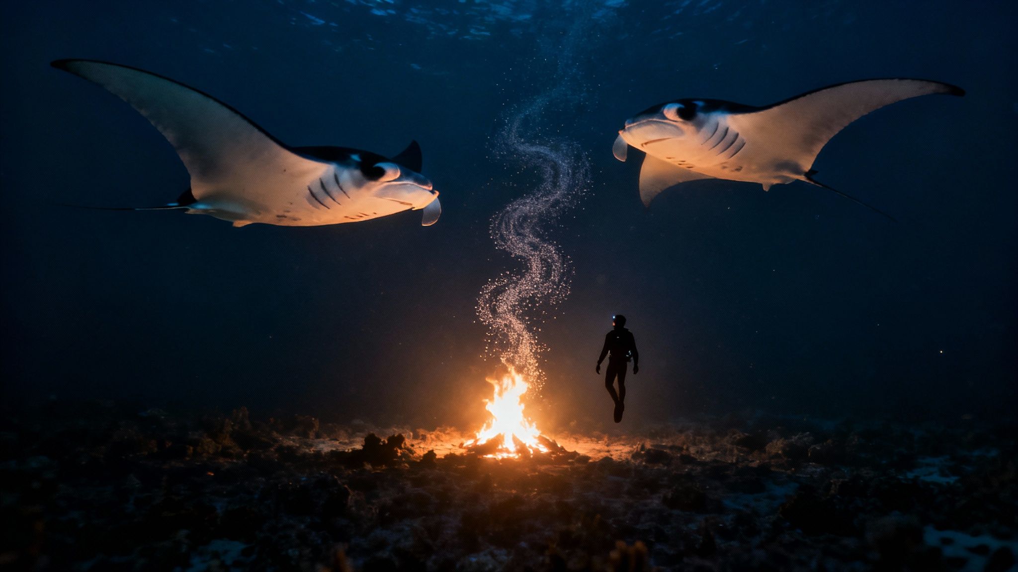 A scuba diver illuminates a massive manta ray with a flashlight during a night dive in Kona.