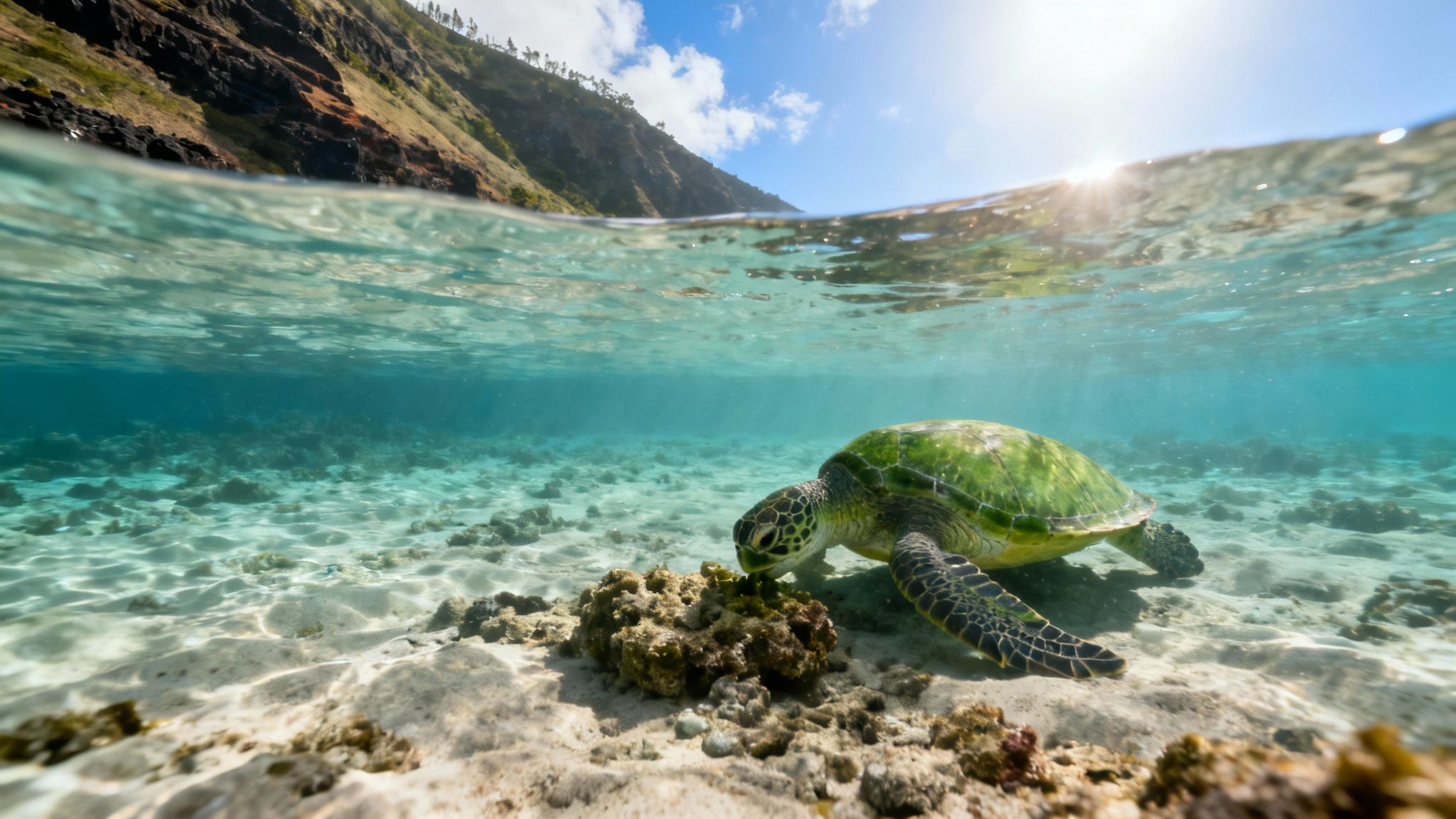 A split image of a green sea turtle feeding underwater with a sunny tropical island above.