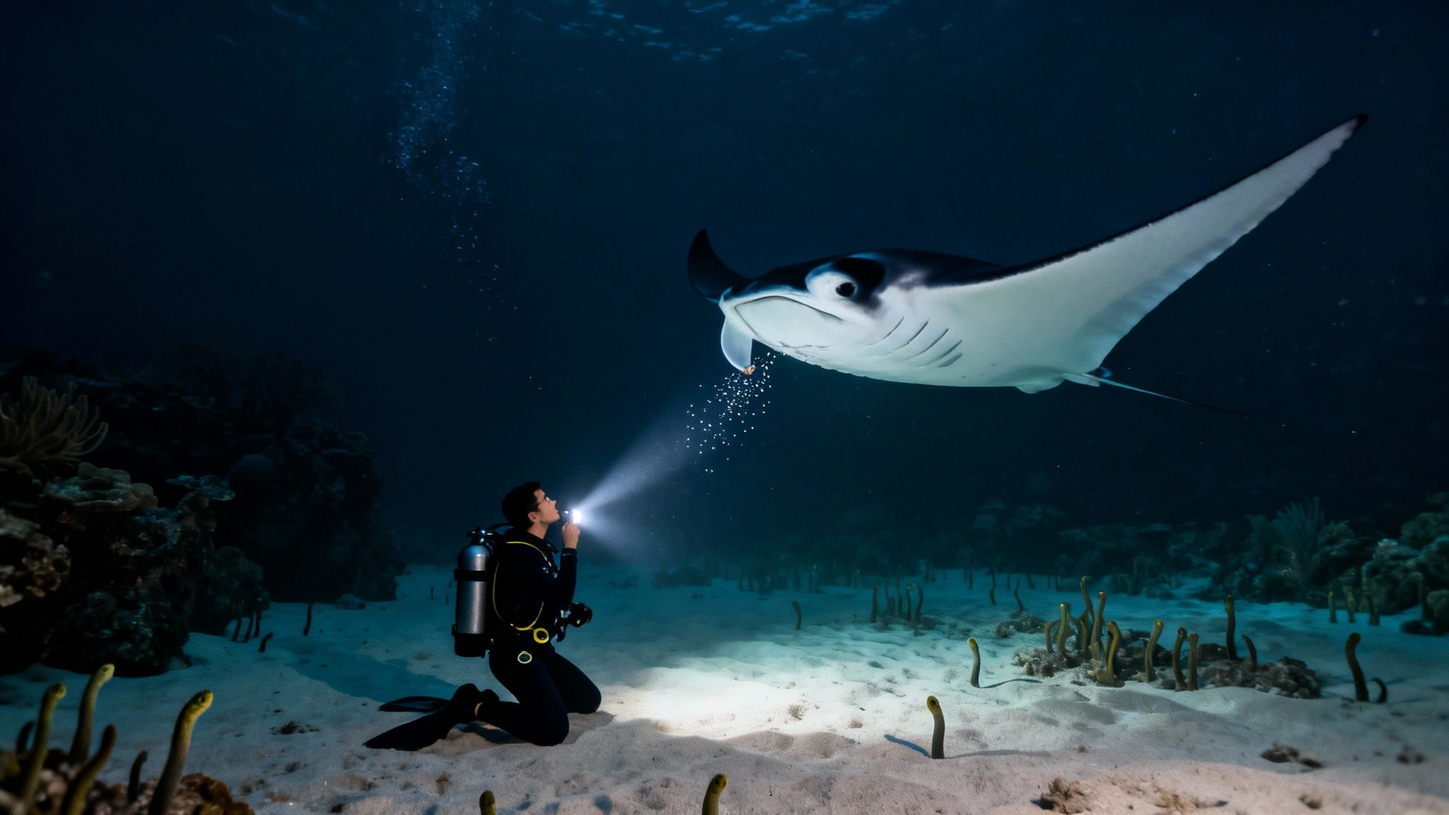 A diver kneels on a sandy seabed, shining a flashlight towards a large manta ray swimming above.