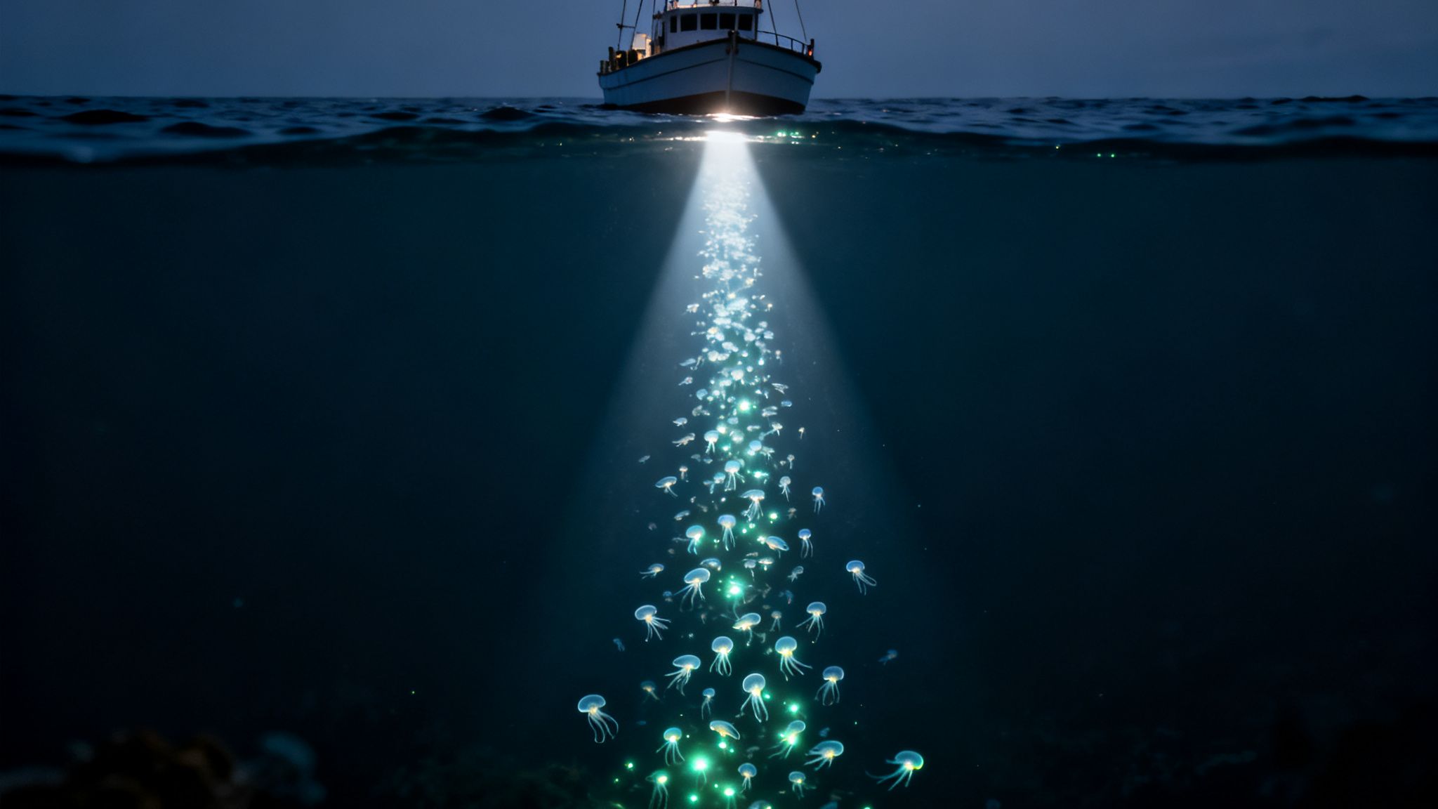 A split view of a boat shining a light into deep water filled with bioluminescent jellyfish.