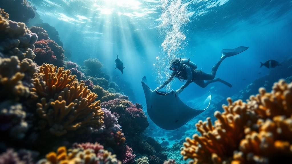 A scuba diver illuminates a massive manta ray with a dive light, showcasing its white underbelly against the dark ocean.