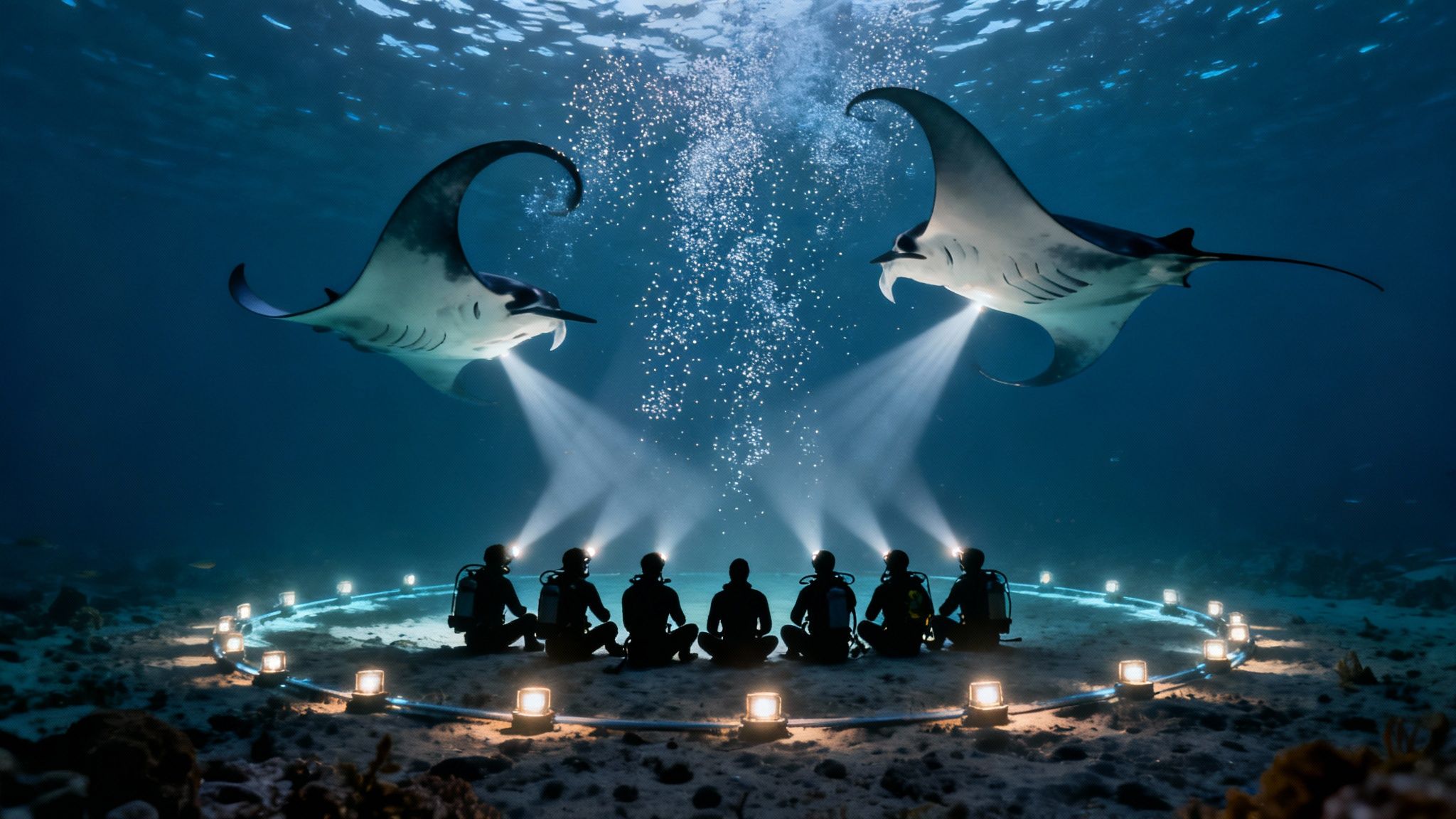 A group of scuba divers on the ocean floor look up as a giant manta ray swims gracefully above them in the glow of their lights.
