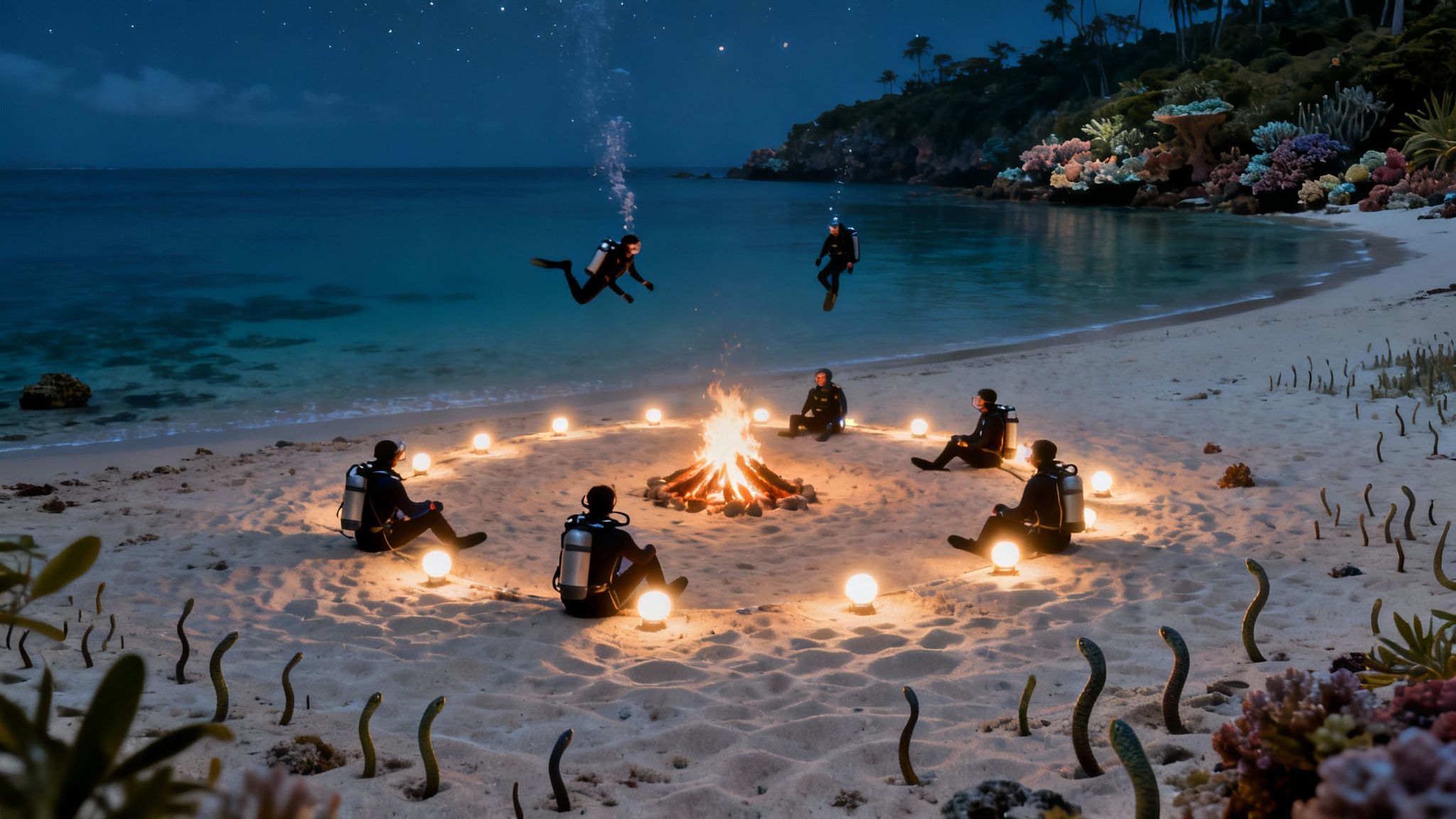 Scuba divers gather around a beach bonfire and glowing orbs at night, with others floating in the ocean.