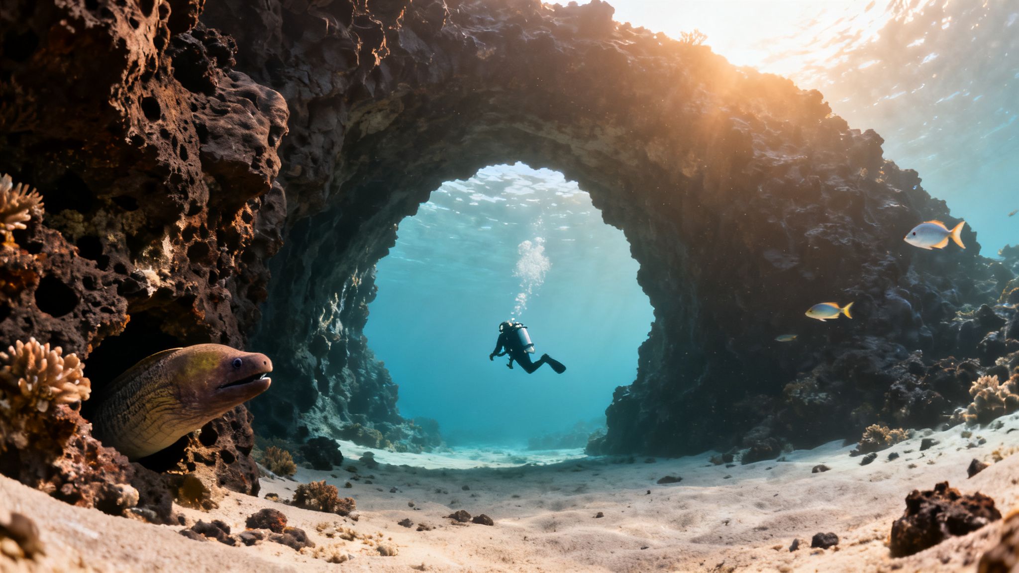 Underwater scene with a diver swimming through a vibrant cave, a moray eel peeking from coral, and fish swimming in sunlit water.