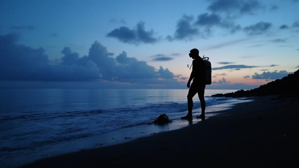 A group of scuba divers on the ocean floor watching a giant manta ray swim above them at night, illuminated by dive lights.