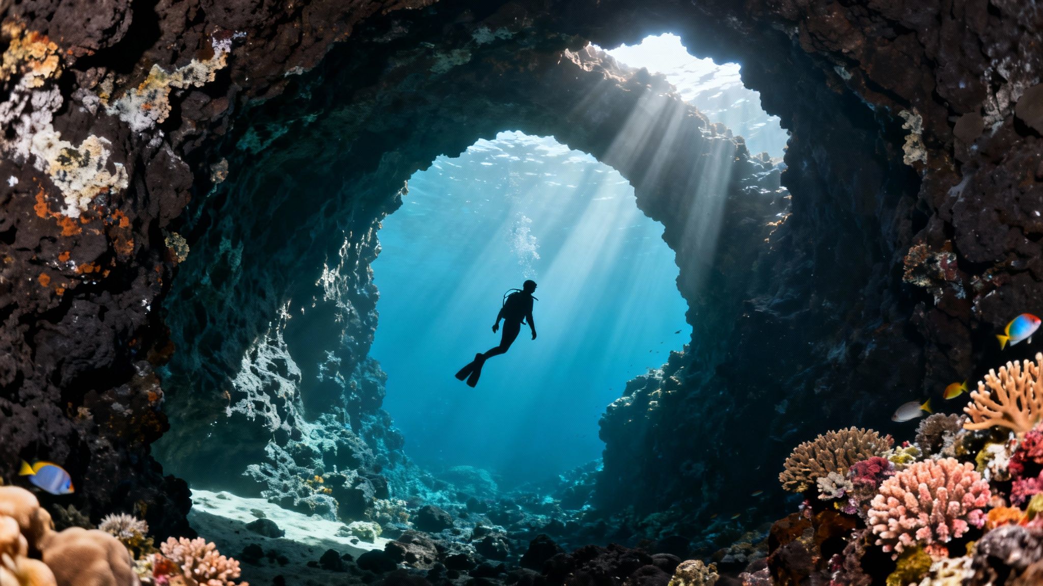 A diver in silhouette explores an underwater cave, illuminated by sun rays, surrounded by vibrant coral.