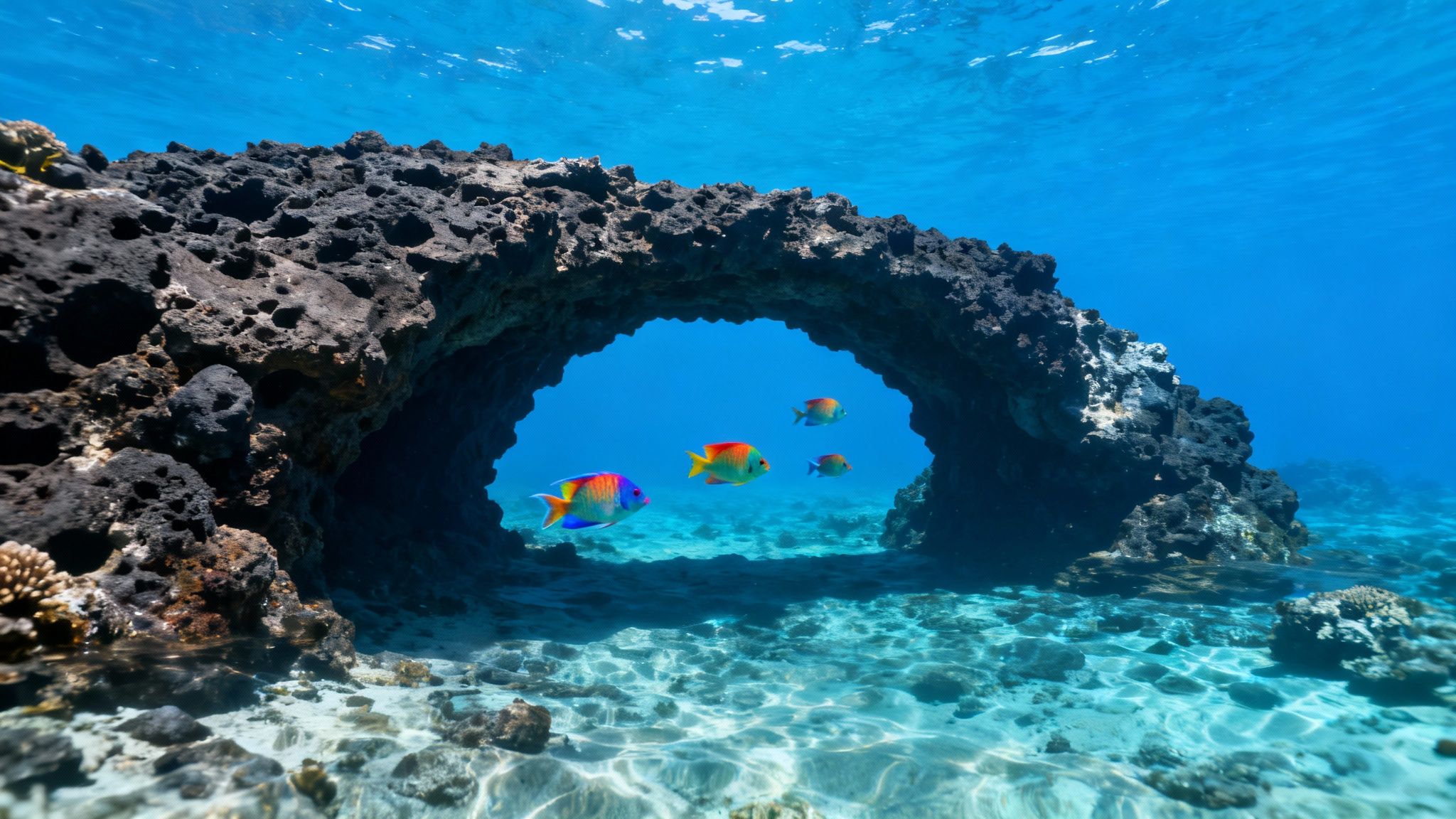 A school of yellow tang fish swimming over a healthy coral reef in Hawaii