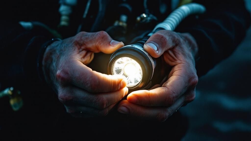 A scuba diver at night with all the essential gear, holding a bright dive light.