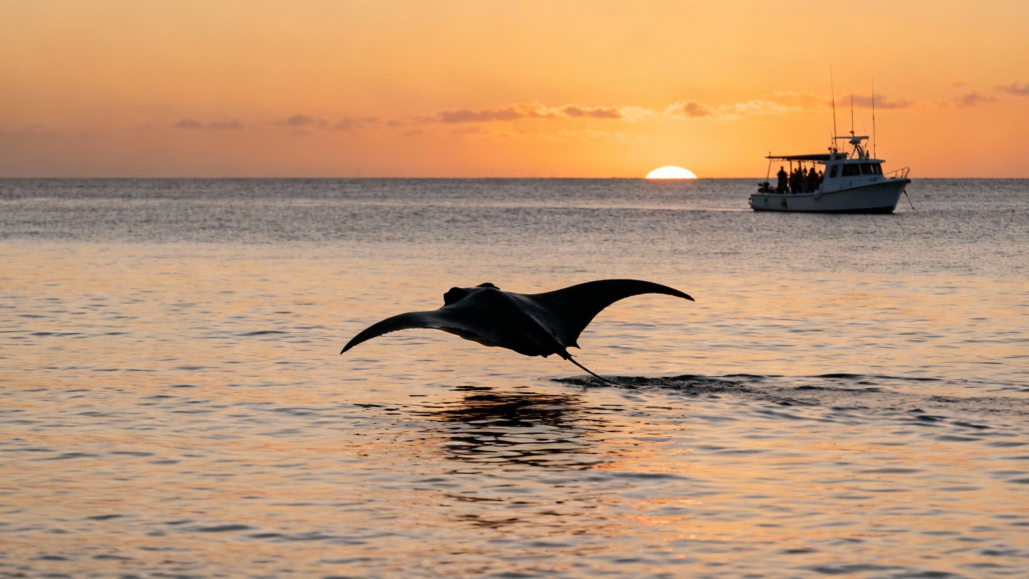 A group of scuba divers watch a large manta ray swim overhead at night