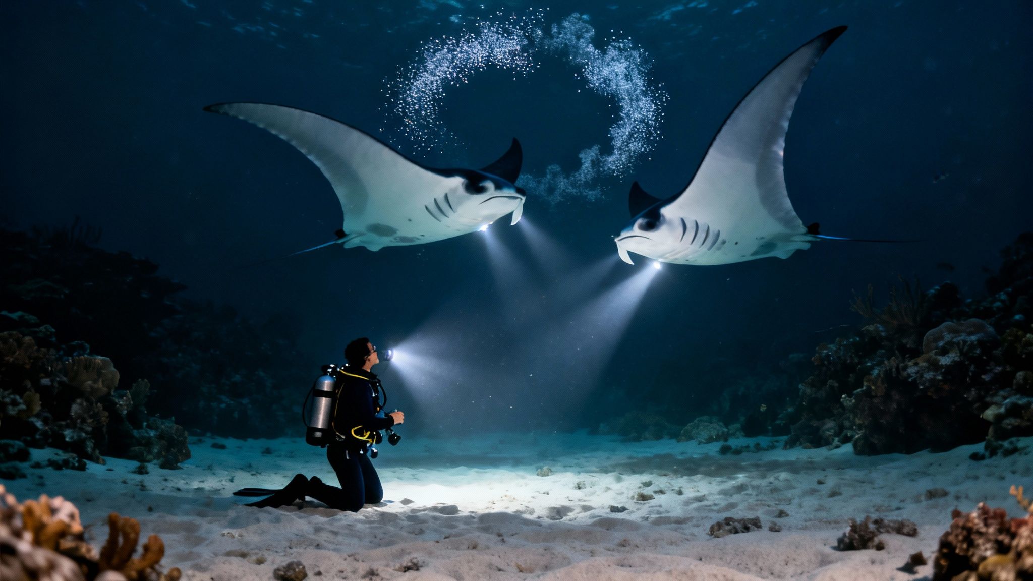 A diver kneels on a sandy ocean floor, illuminating two majestic manta rays swimming above with his torch.