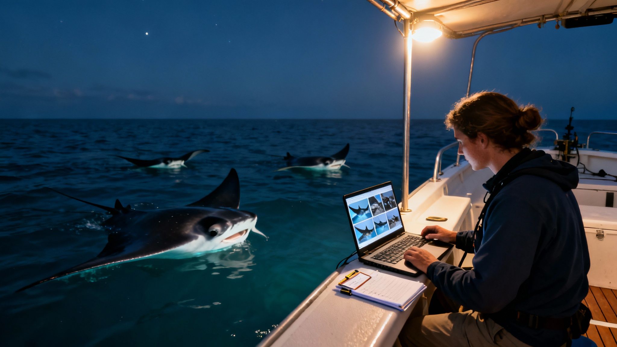 Researcher on a boat at night, studying manta rays on a laptop with live rays around.