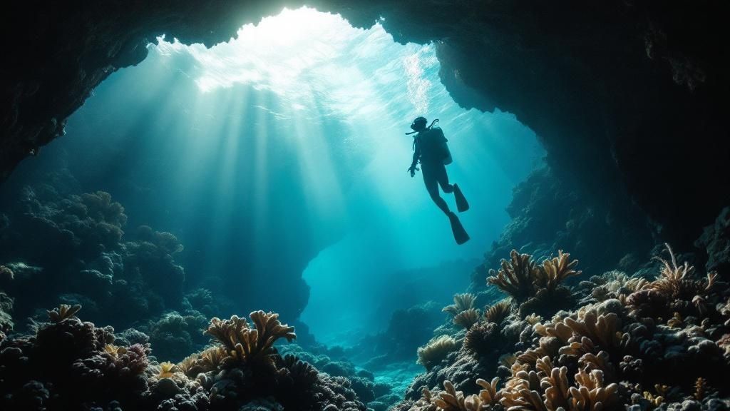 A scuba diver exploring a vibrant coral reef on the Big Island of Hawaii.