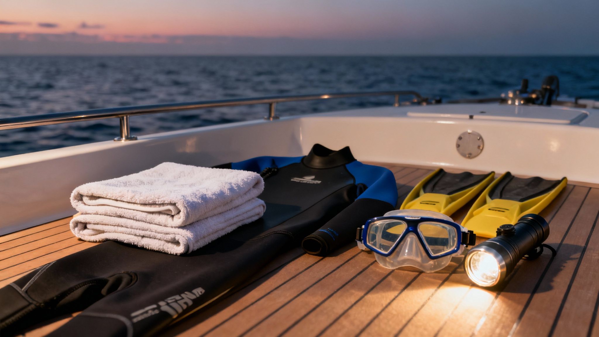 A scuba diver kneels on the sandy ocean floor at night, looking up as a manta ray glides through the light beams above.