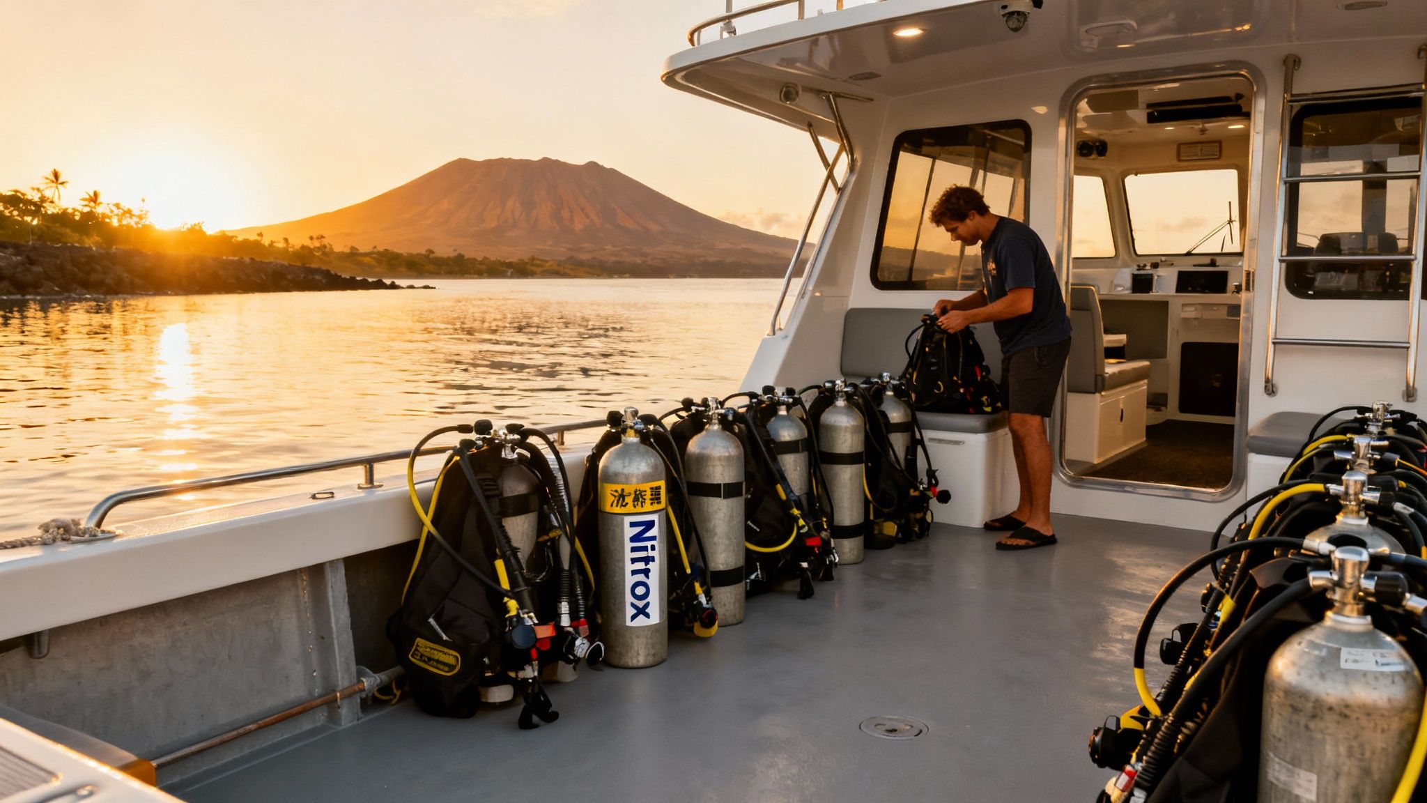 A man prepares scuba diving gear on a boat deck, with a vibrant sunset over a volcanic island.