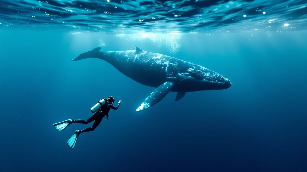 A scuba diver observes a massive humpback whale from a safe and respectful distance in clear blue Hawaiian waters.