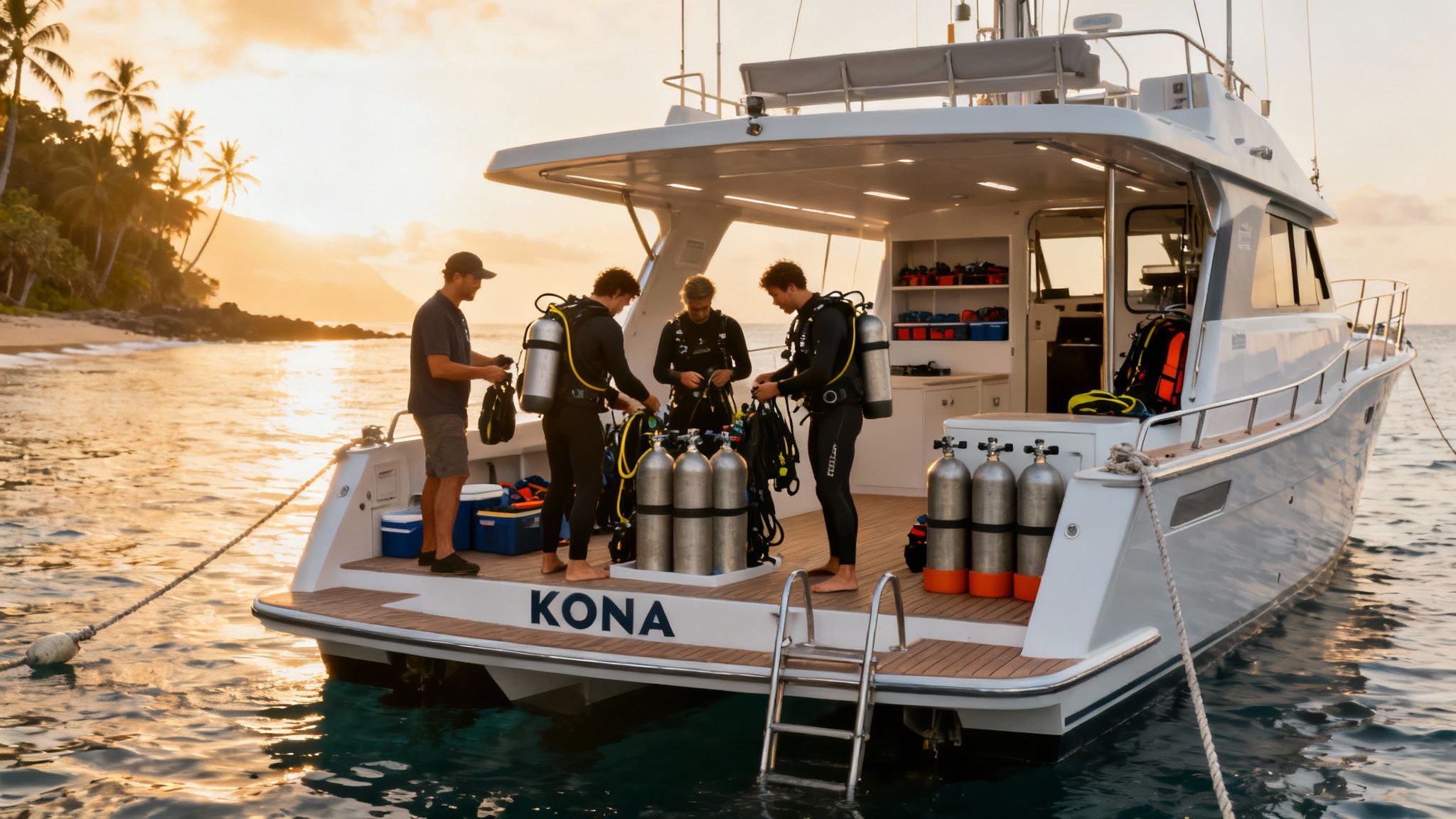 Scuba divers prepare their gear on a boat named 'KONA' at sunset by a tropical beach.
