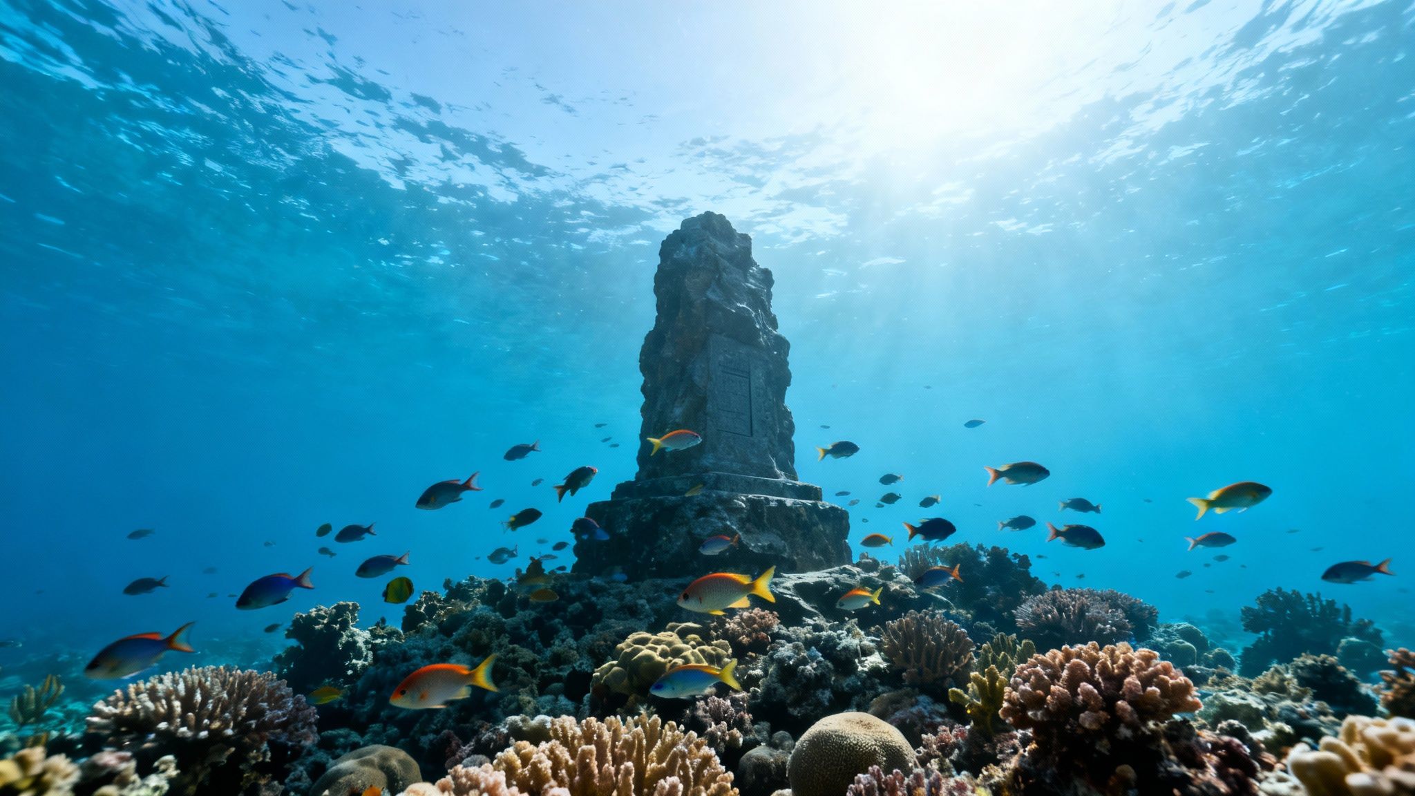 A scuba diver explores a vibrant coral reef with clear blue water in the background.