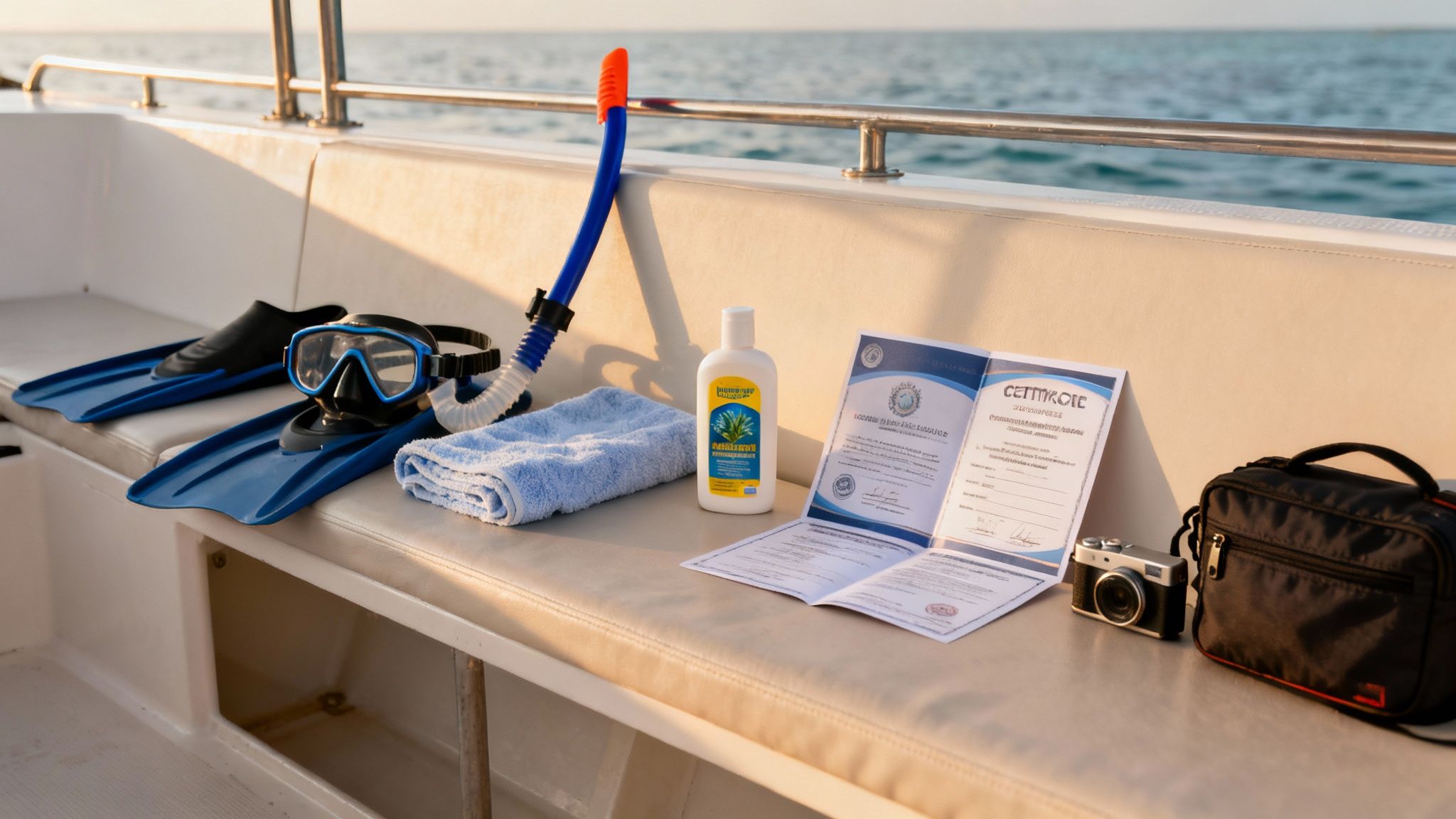 Dive fins, mask, snorkel, towel, sunscreen, certificate, camera, and camera bag on a boat seat by the ocean.