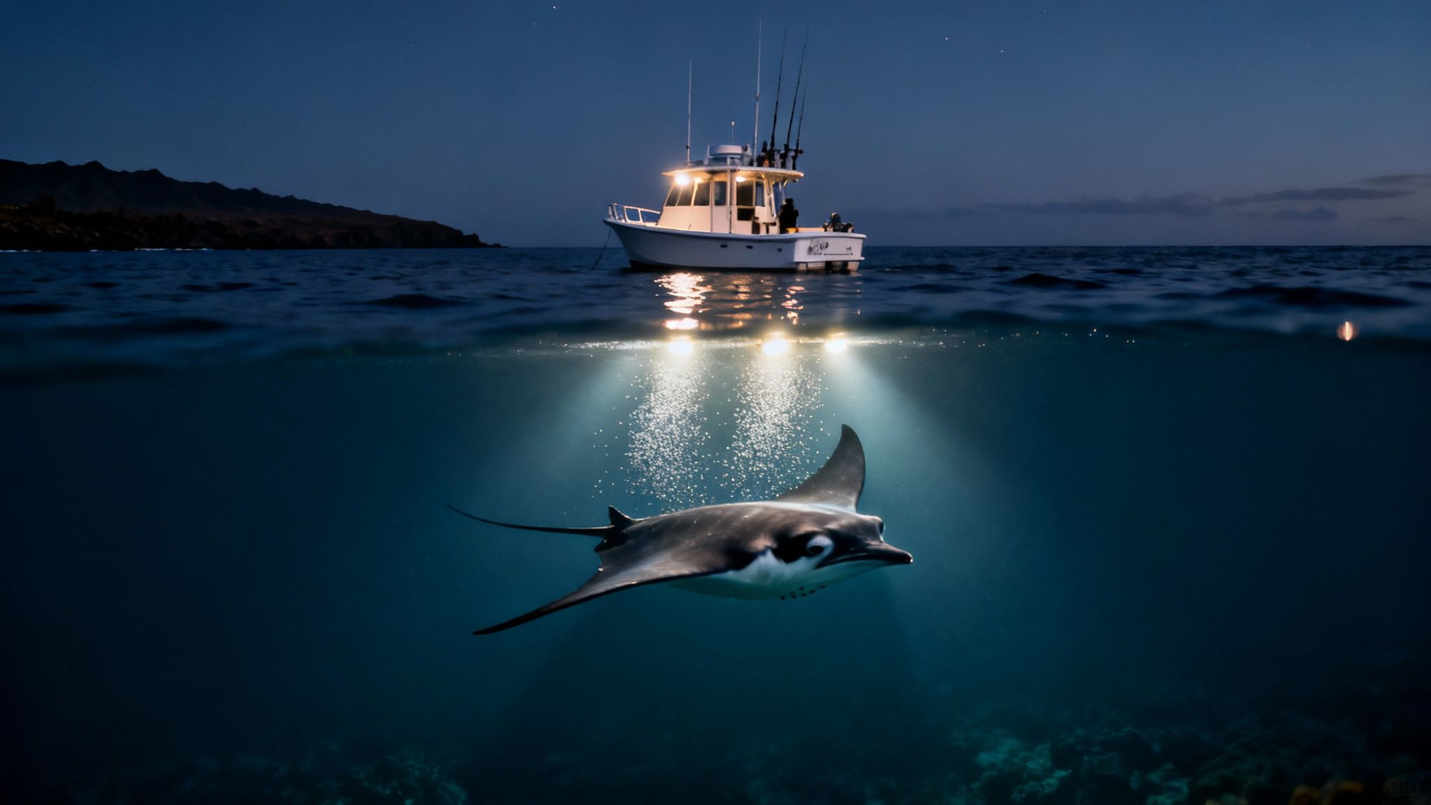 Divers watching a manta ray glide overhead during a Kona night dive.