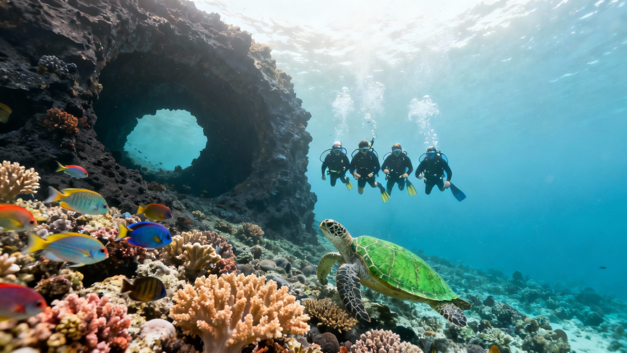 Scuba divers explore a vibrant coral reef with a green sea turtle and colorful fish near a cave.