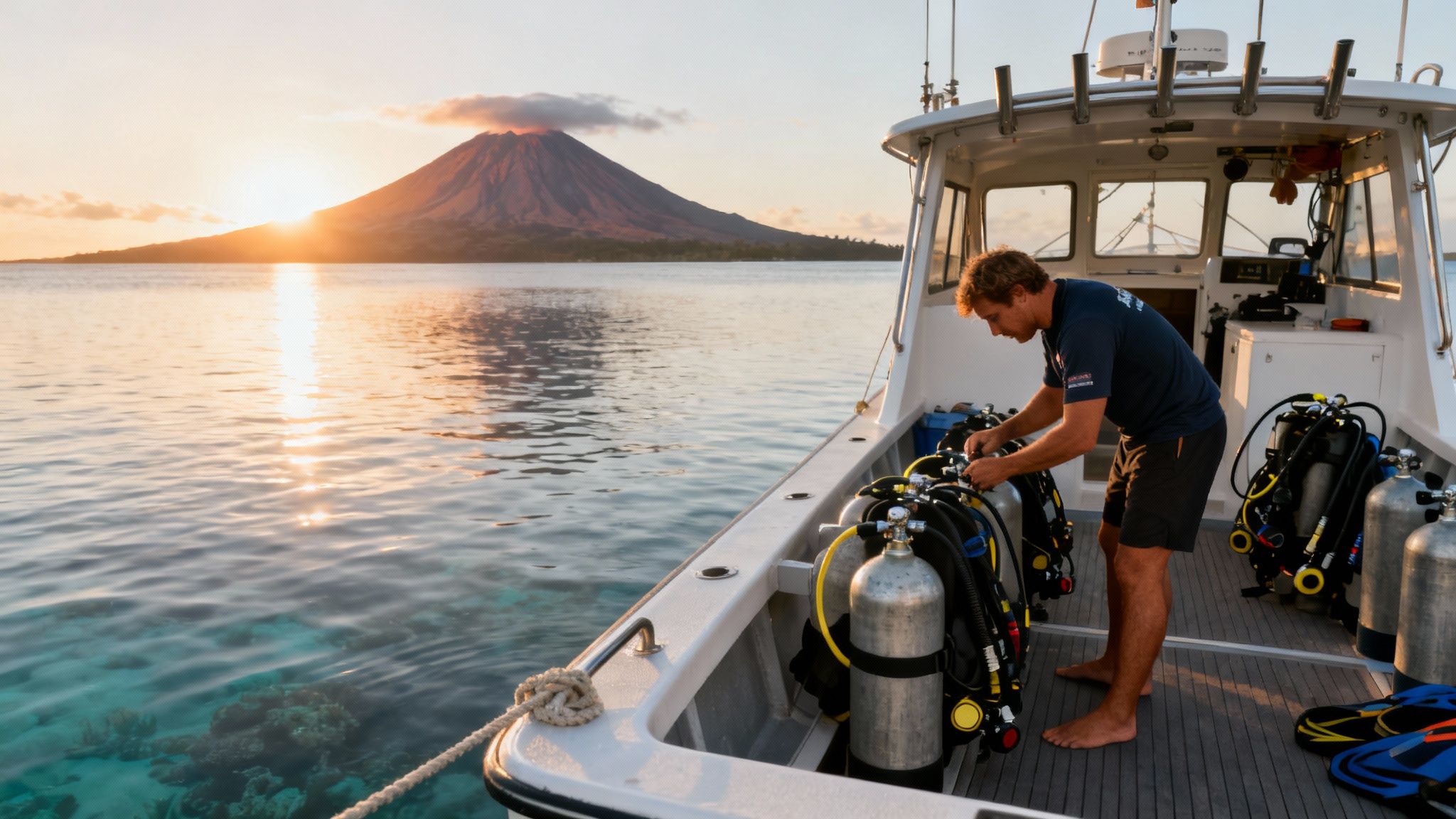 A divemaster gives the 'OK' sign to a group of scuba divers on a boat, all preparing for a dive on the Big Island.