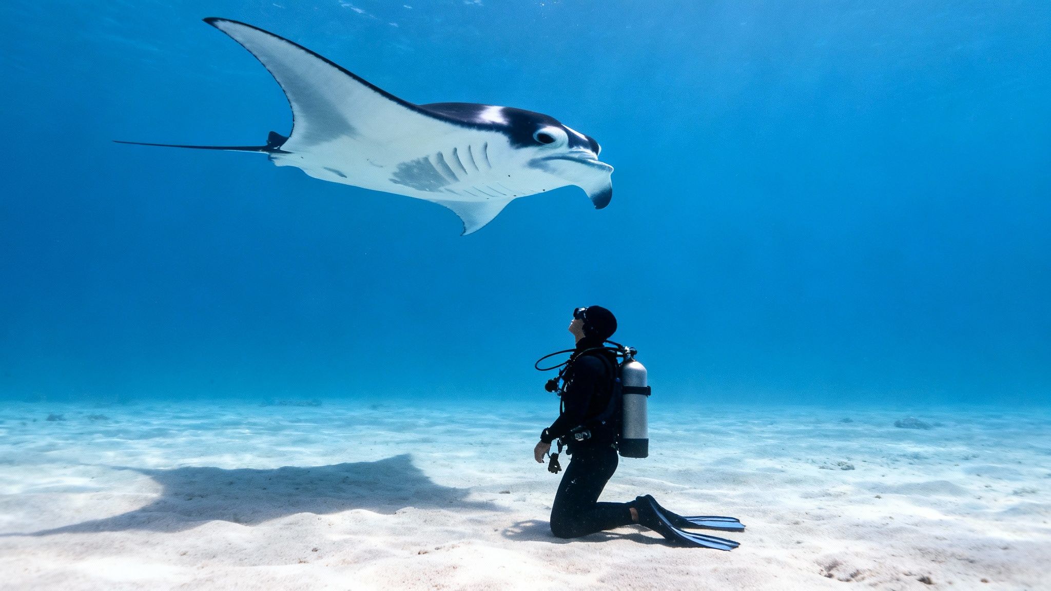 Divers on the ocean floor watching a manta ray swim overhead