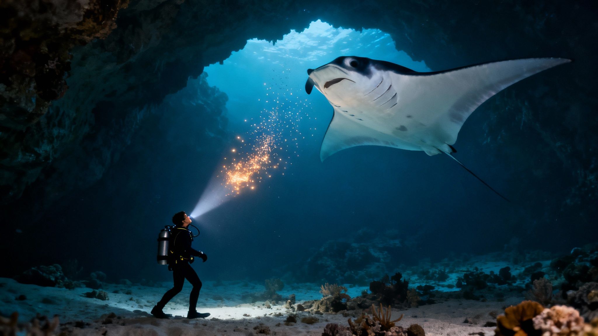 A diver in an underwater cave shines a light upwards, attracting a majestic manta ray.