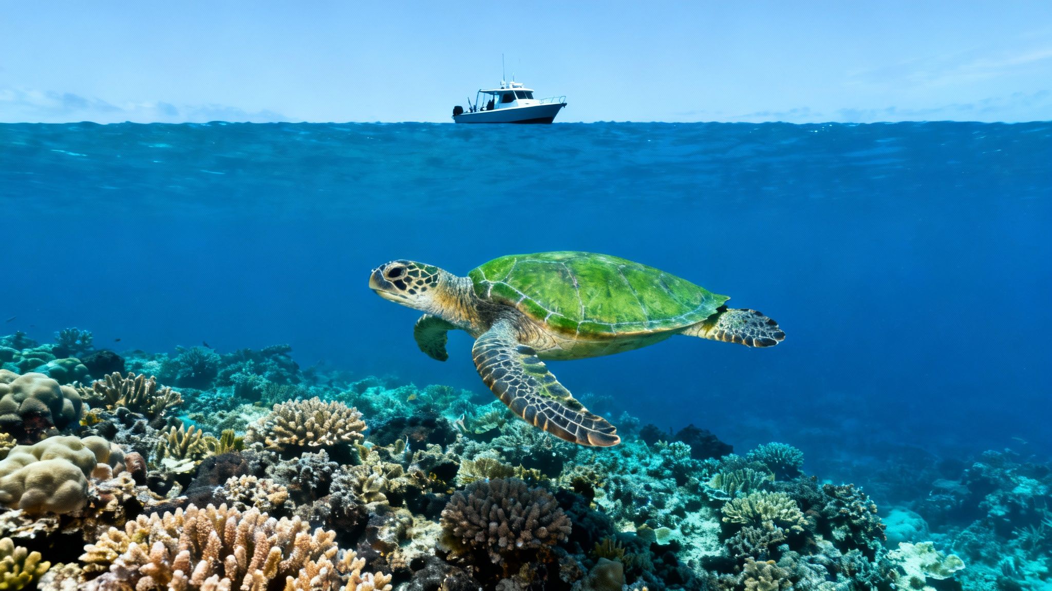 A majestic green sea turtle swims gracefully over a colorful coral reef, with a boat visible on the ocean surface.