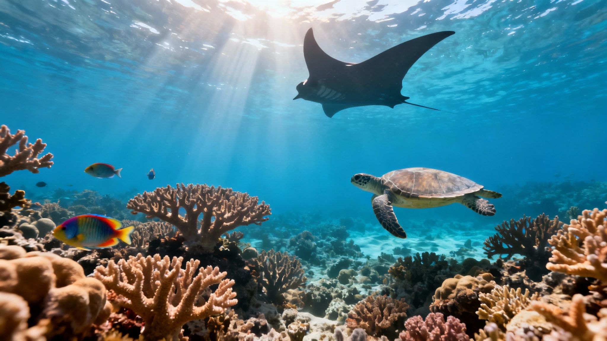 A green sea turtle glides gracefully over a coral reef in Kona's clear blue waters.