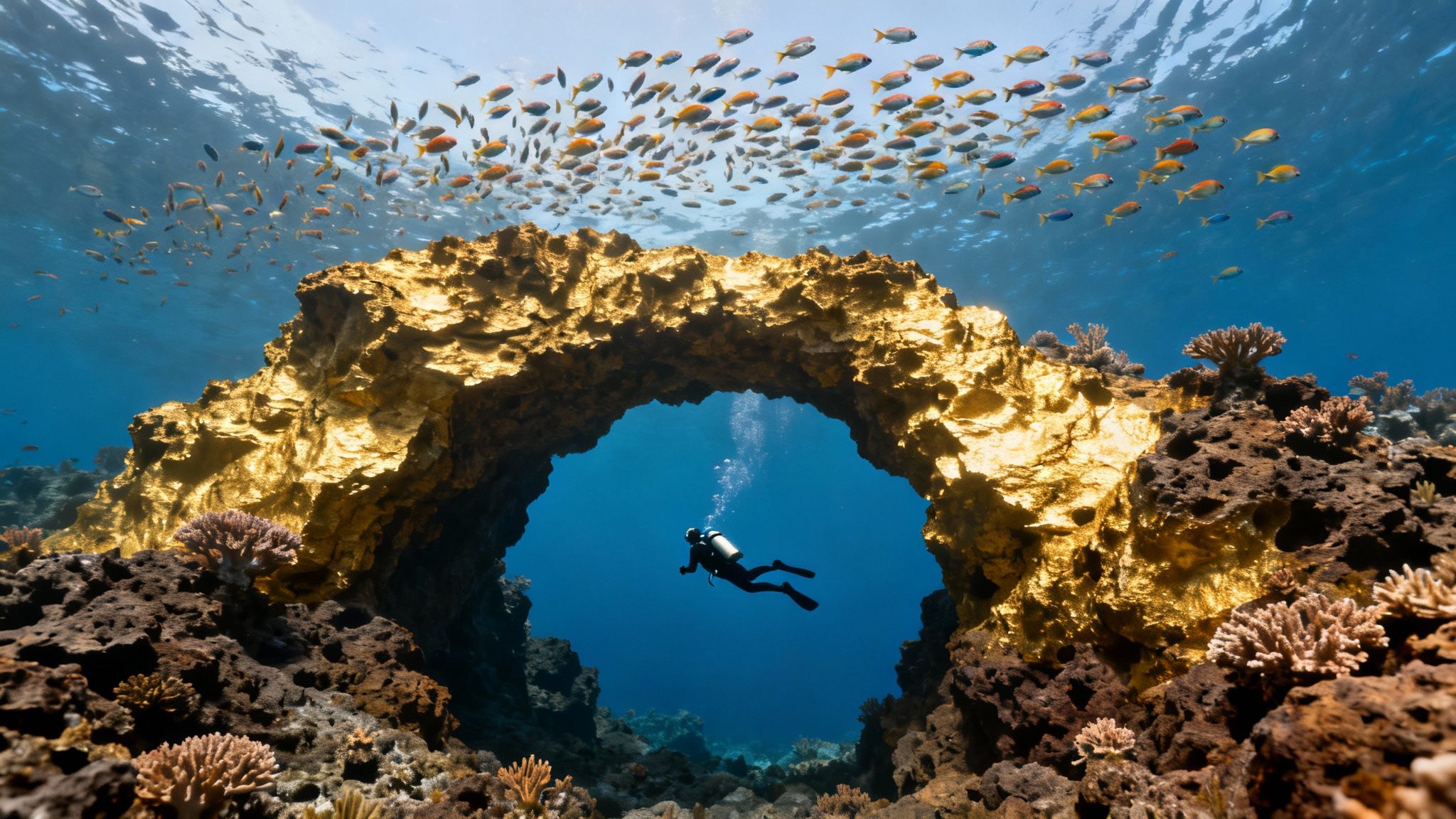 Scuba diver exploring a dazzling golden coral arch with a school of fish overhead.