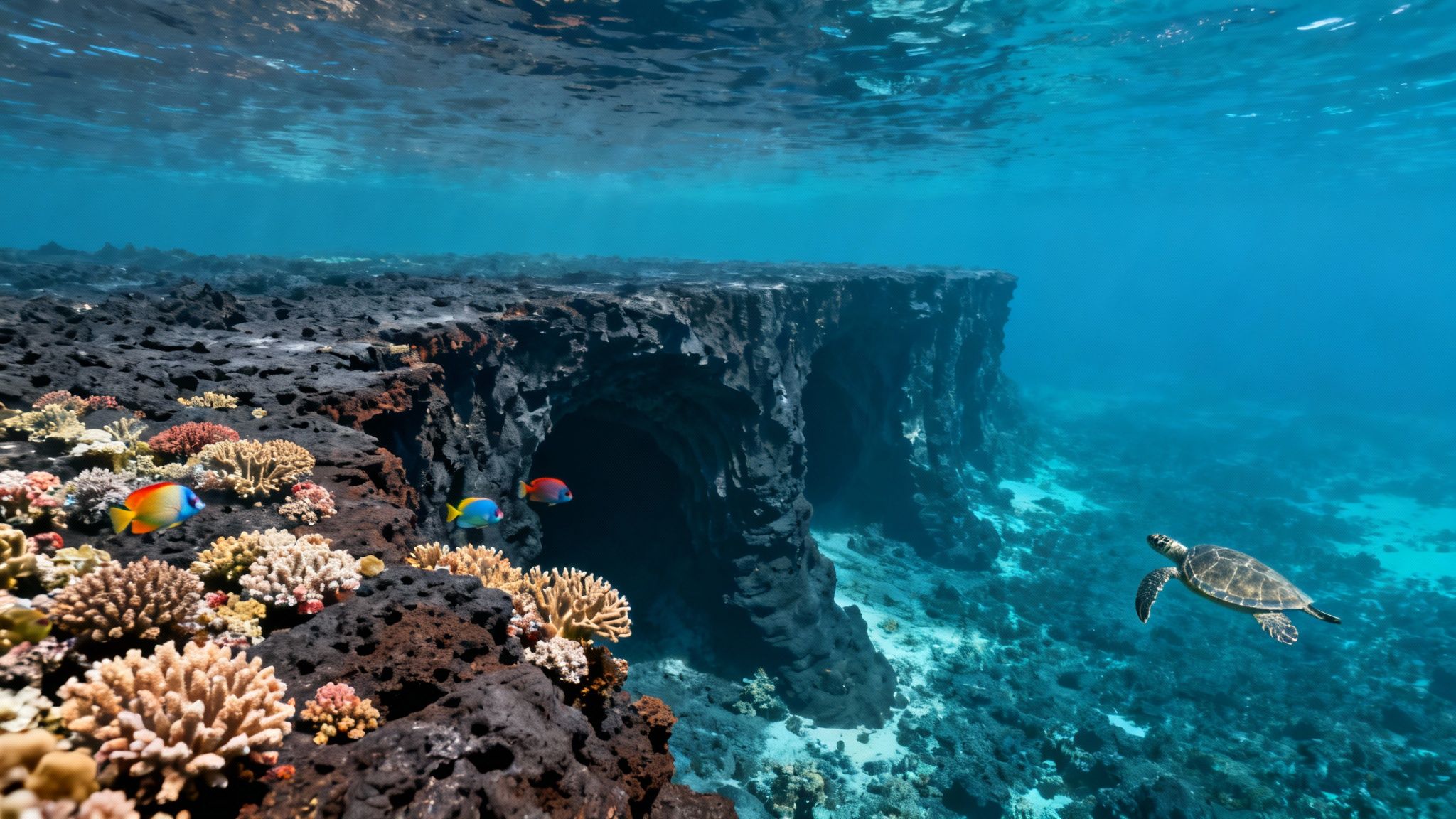 Underwater scene with colorful fish and a sea turtle swimming near a vibrant coral reef and volcanic rock.