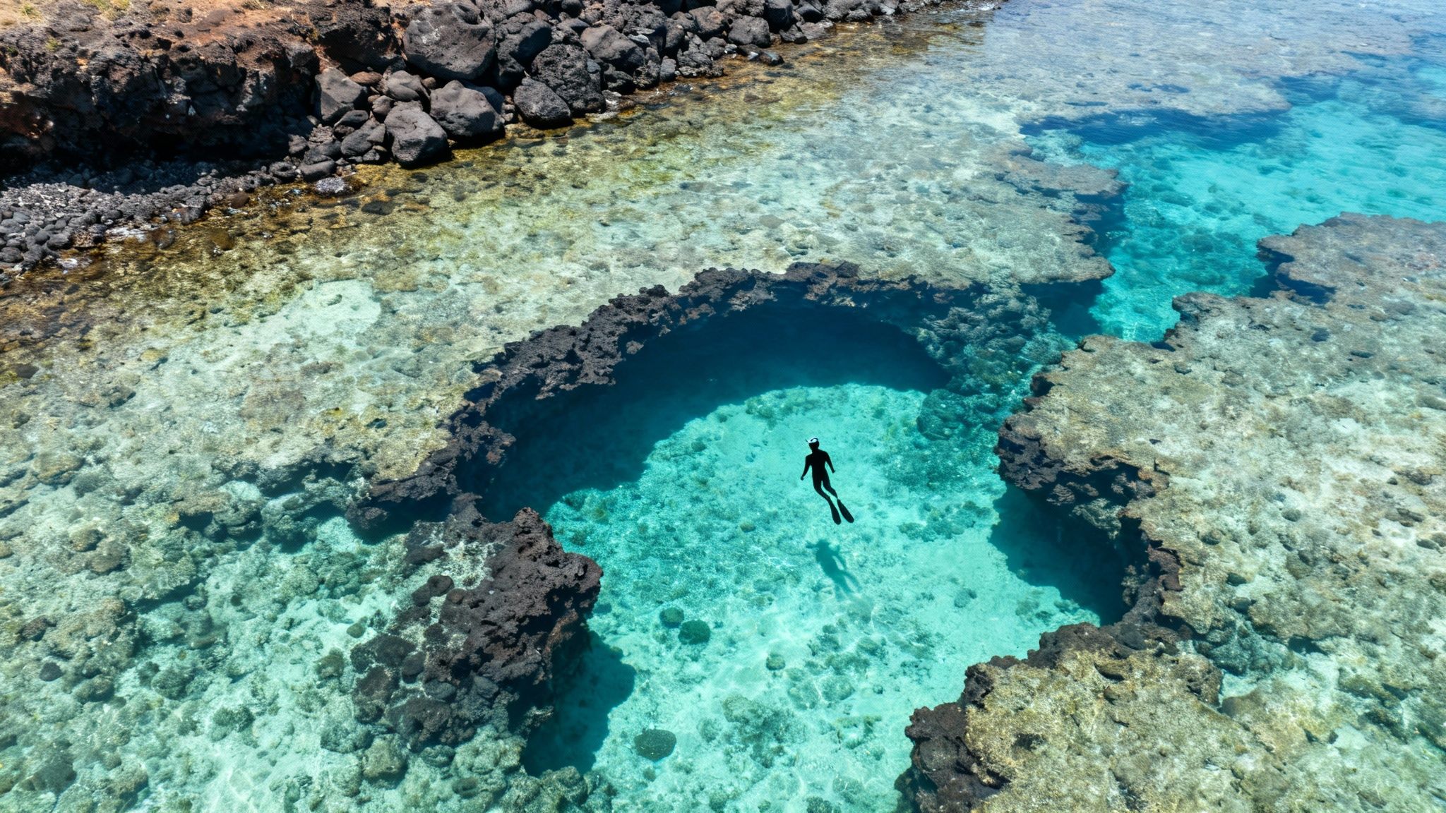 Aerial view of a person snorkeling in a clear turquoise water lava tube on a rocky coastline.