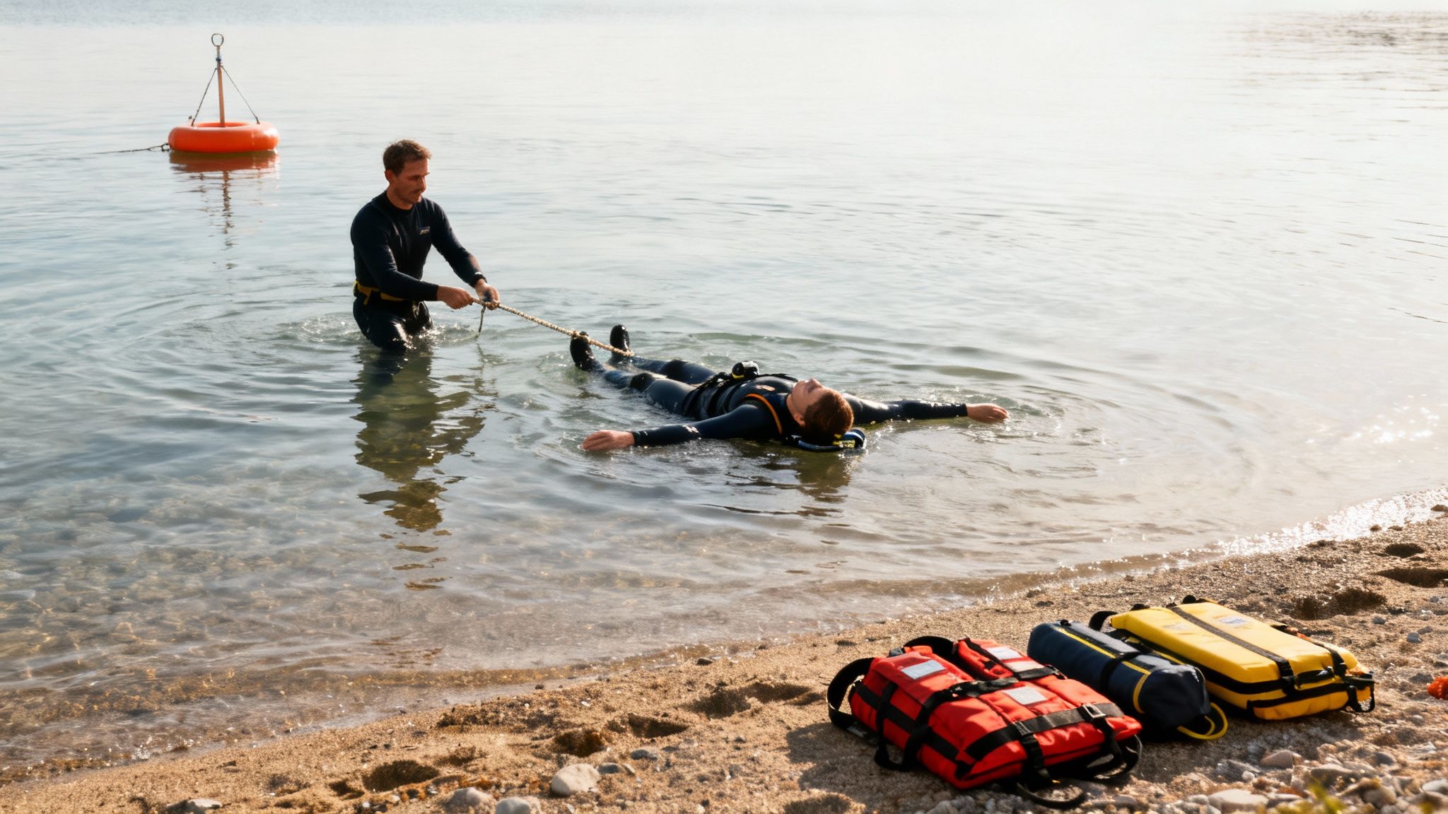 Two men in wetsuits practicing water rescue training, with one pulling another by rope, equipment on the beach.