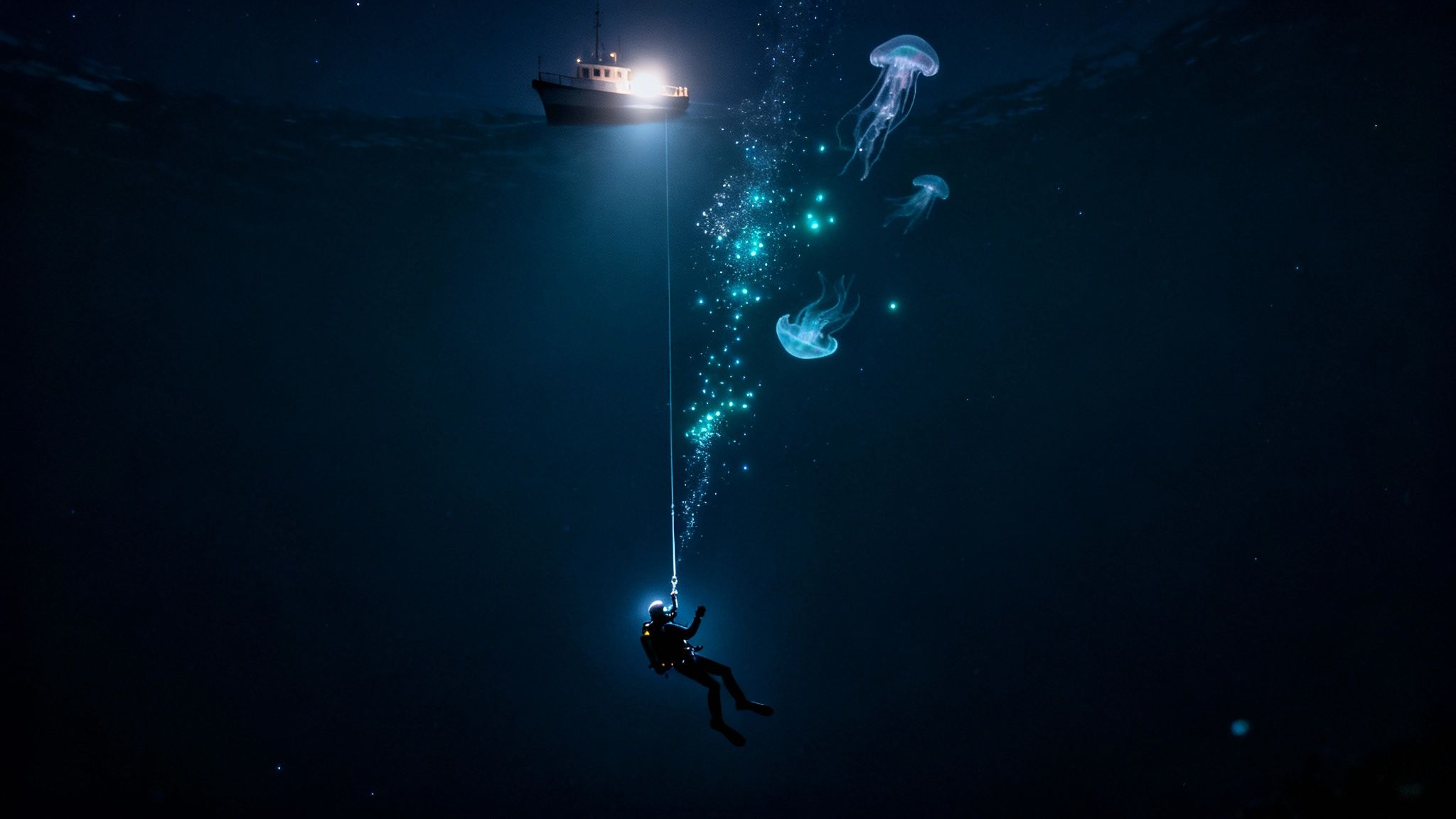 A diver descends into the deep, dark ocean connected to a boat, surrounded by glowing jellyfish and bubbles.